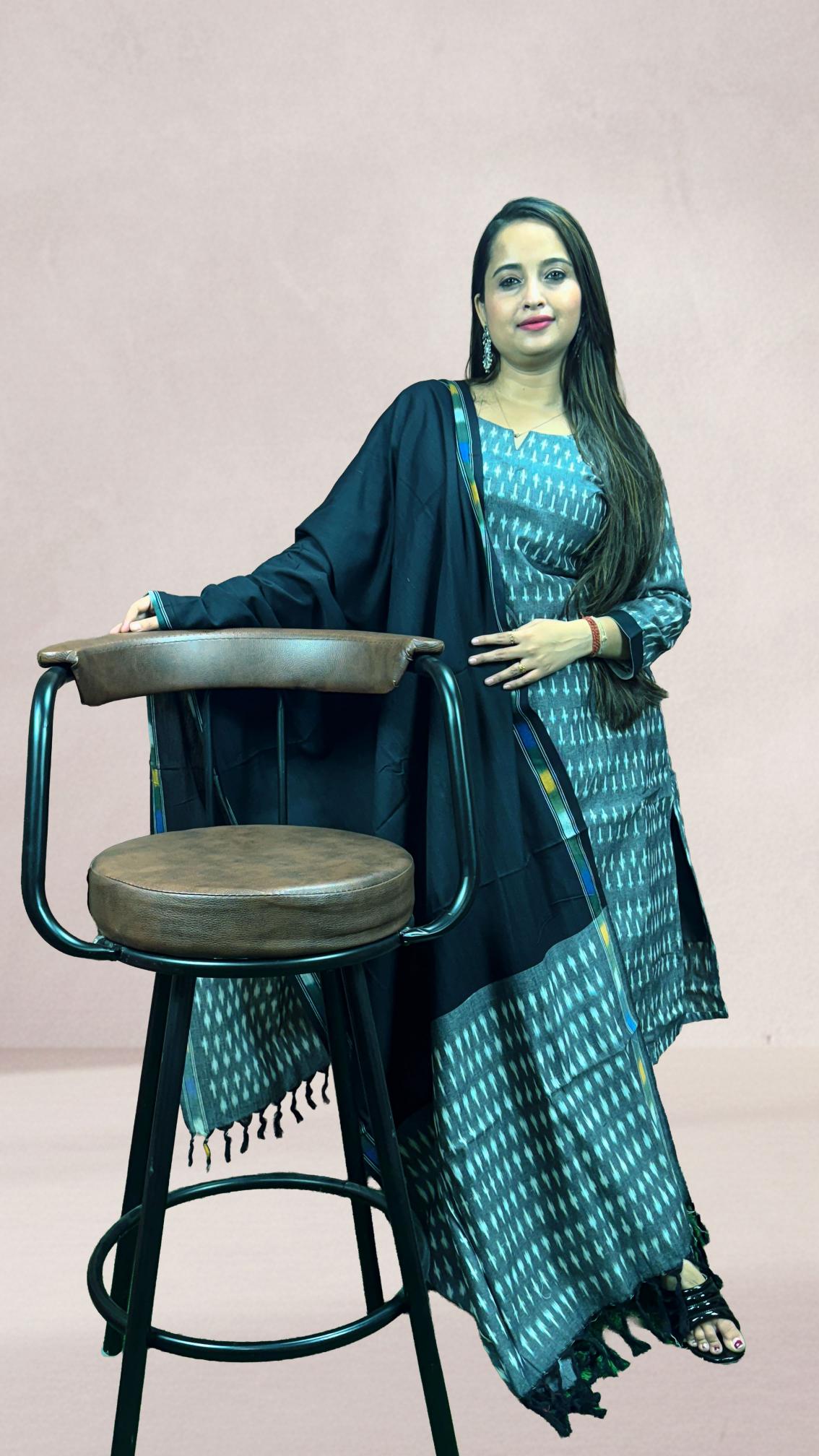 Grey Sambalpuri Ikat Kurti Set with Black Dupatta