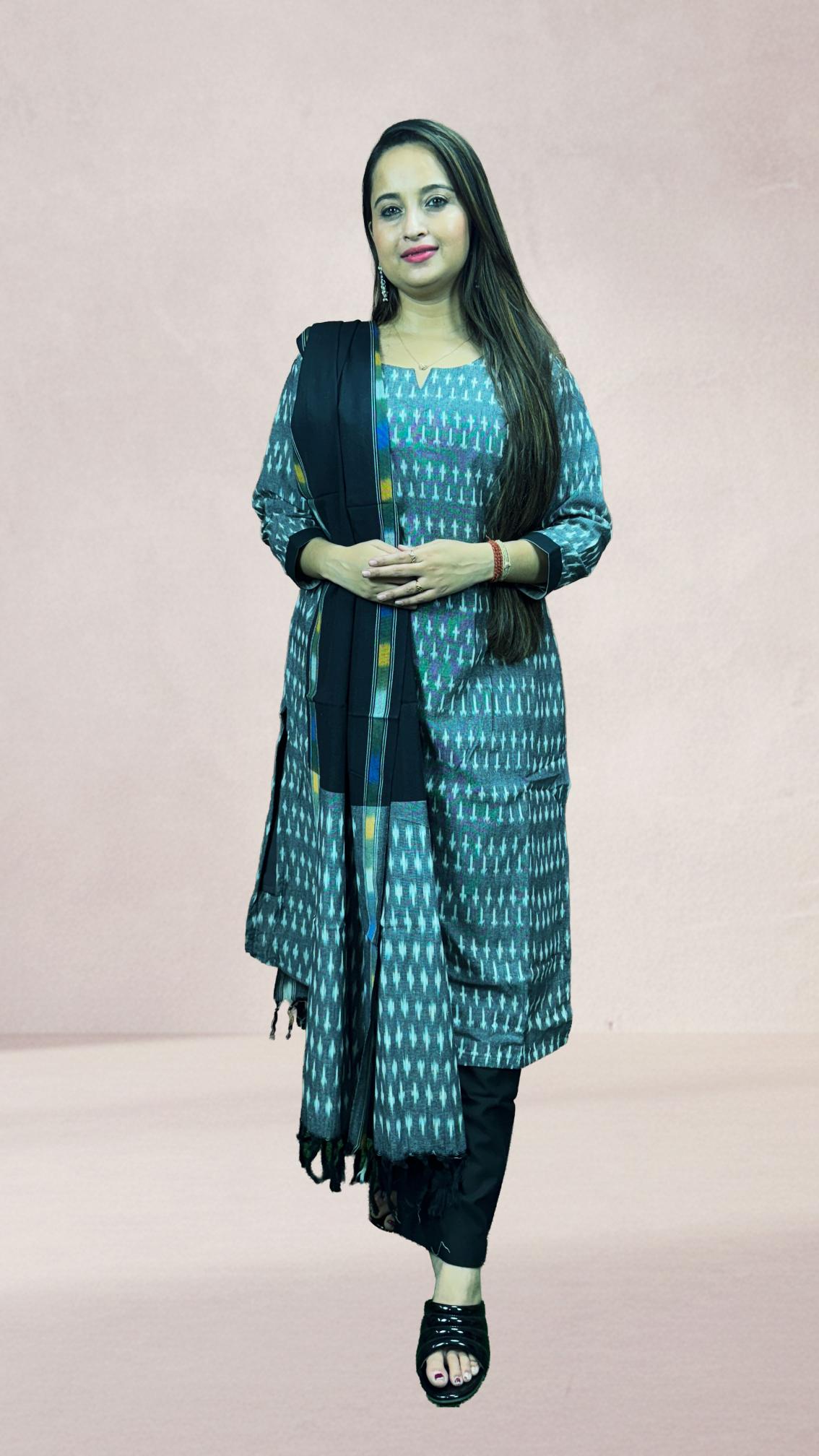 Grey Sambalpuri Ikat Kurti Set with Black Dupatta