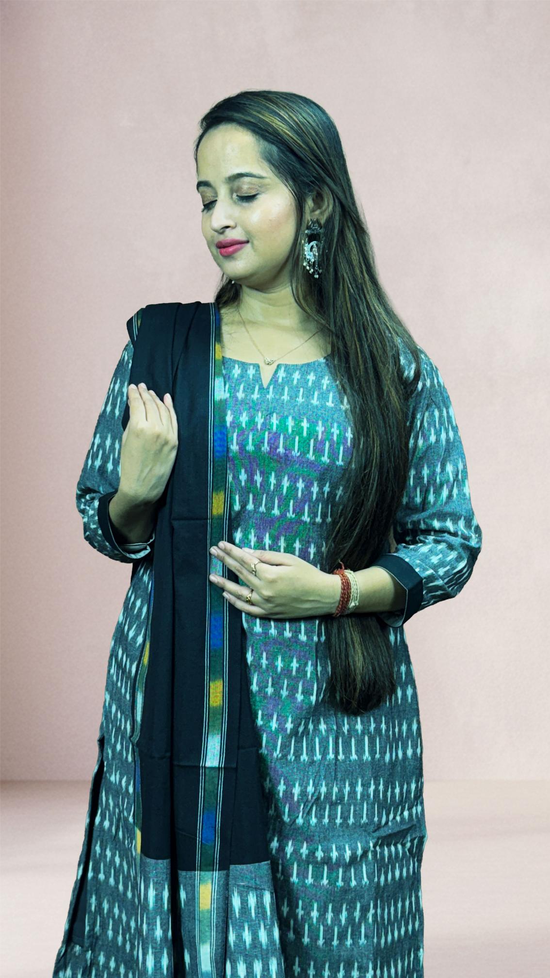 Grey Sambalpuri Ikat Kurti Set with Black Dupatta
