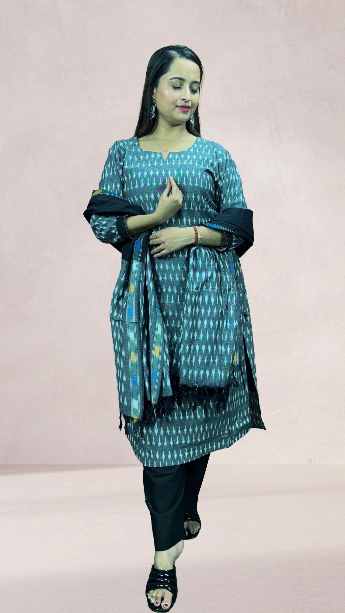 Grey Sambalpuri Ikat Kurti Set with Black Dupatta