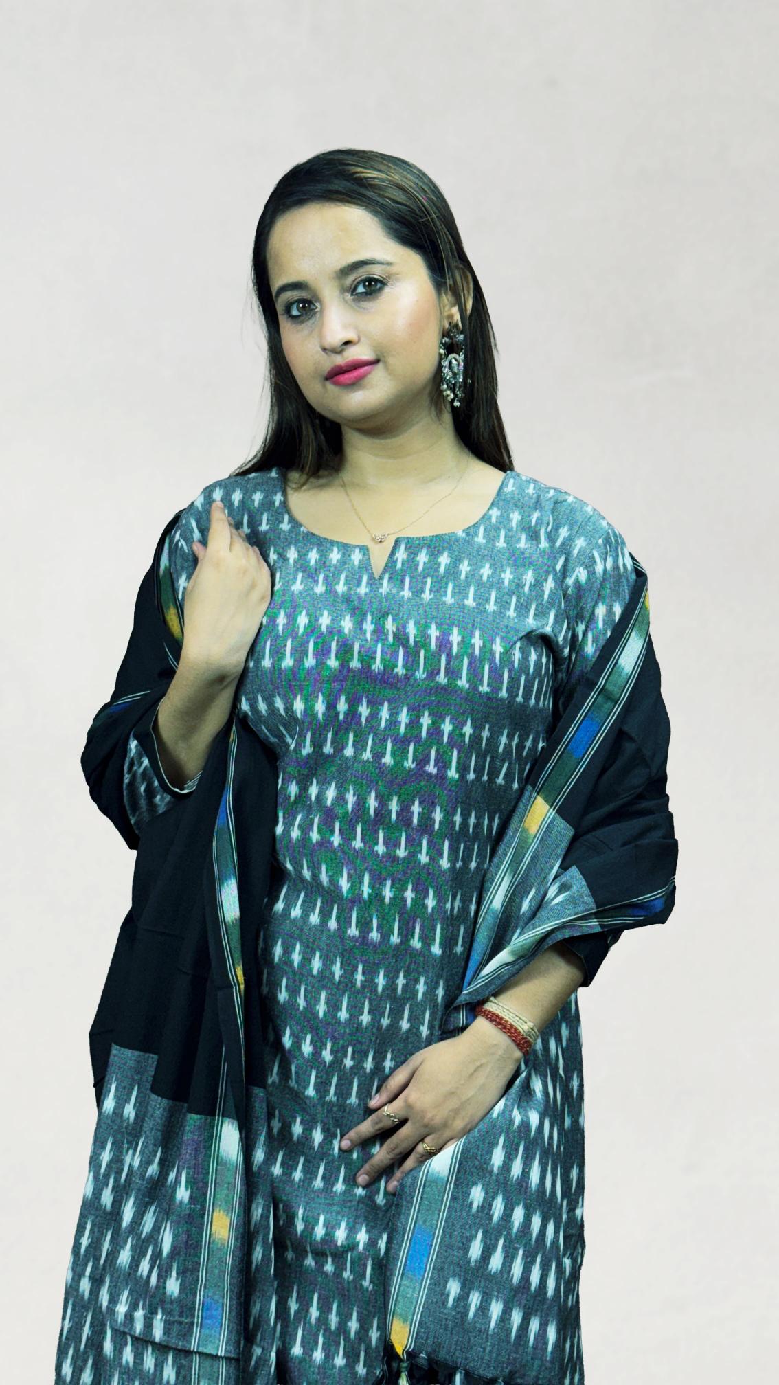 Grey Sambalpuri Ikat Kurti Set with Black Dupatta