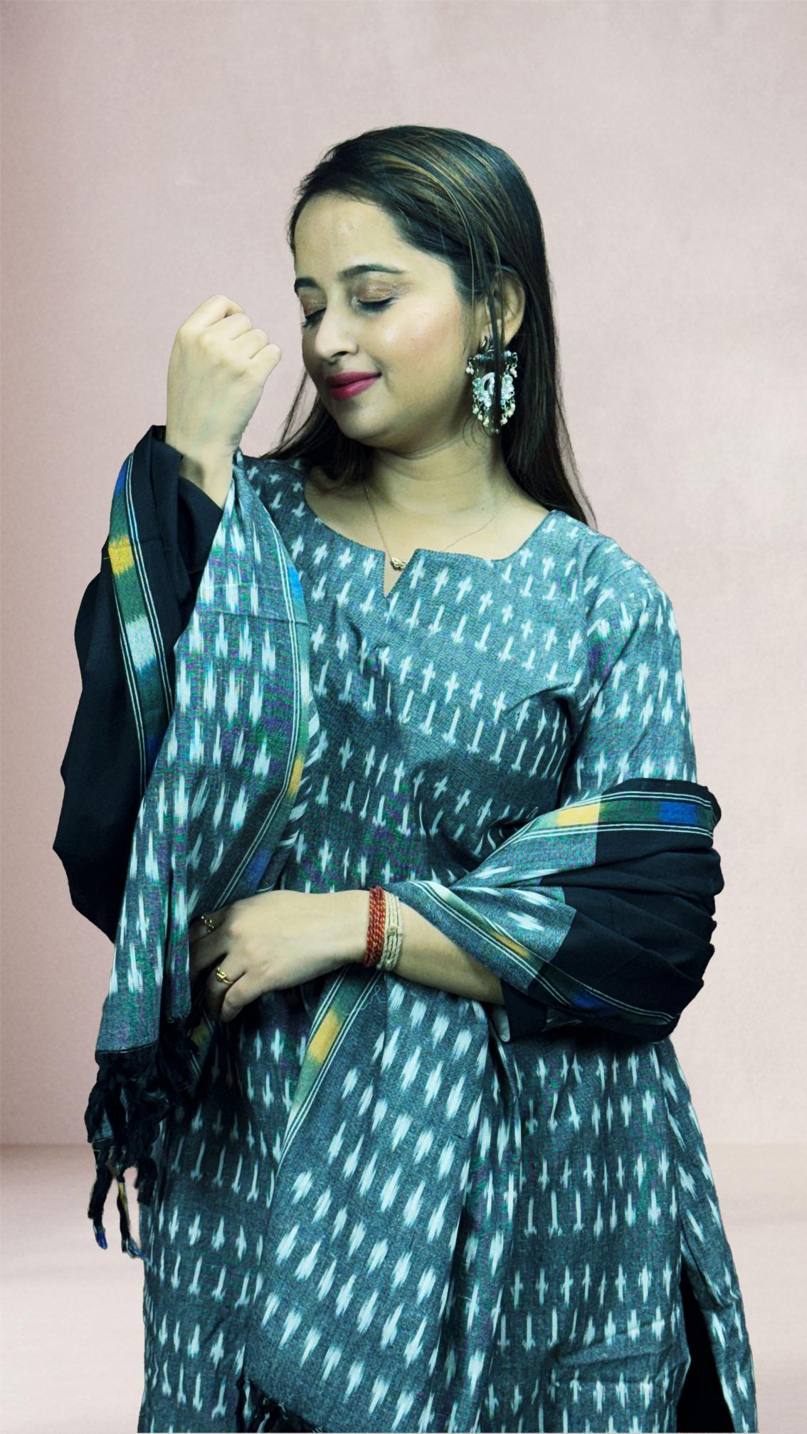 Grey Sambalpuri Ikat Kurti Set with Black Dupatta