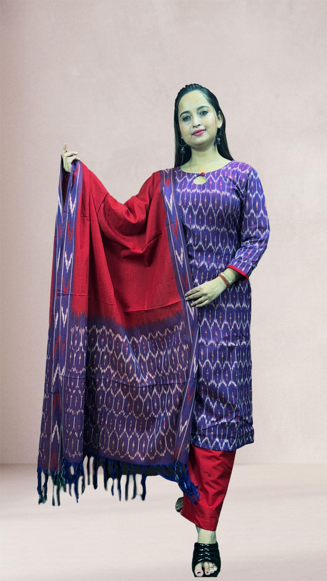 Purple Sambalpuri Ikat Kurti Set with Red Dupatta