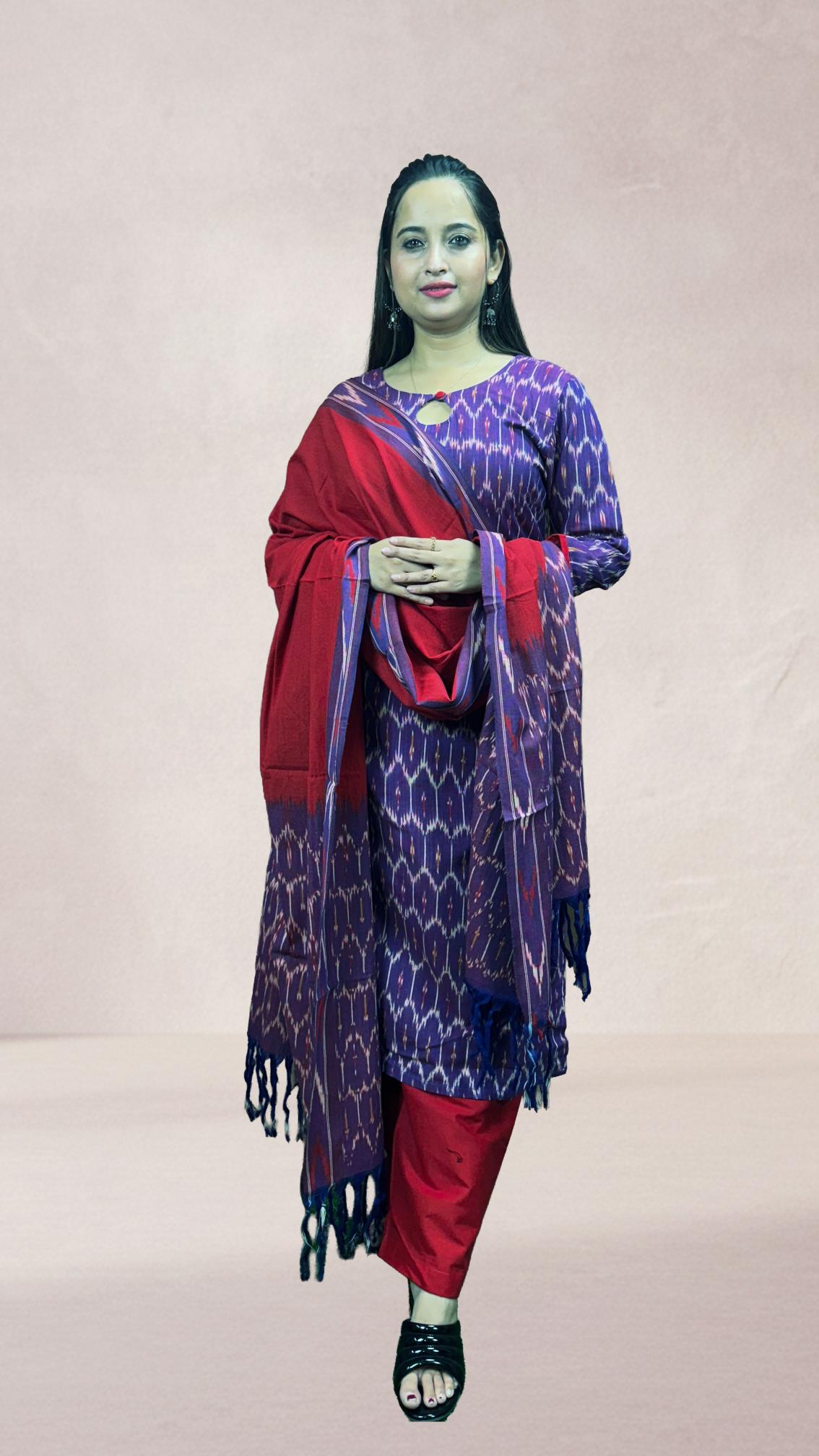 Purple Sambalpuri Ikat Kurti Set with Red Dupatta