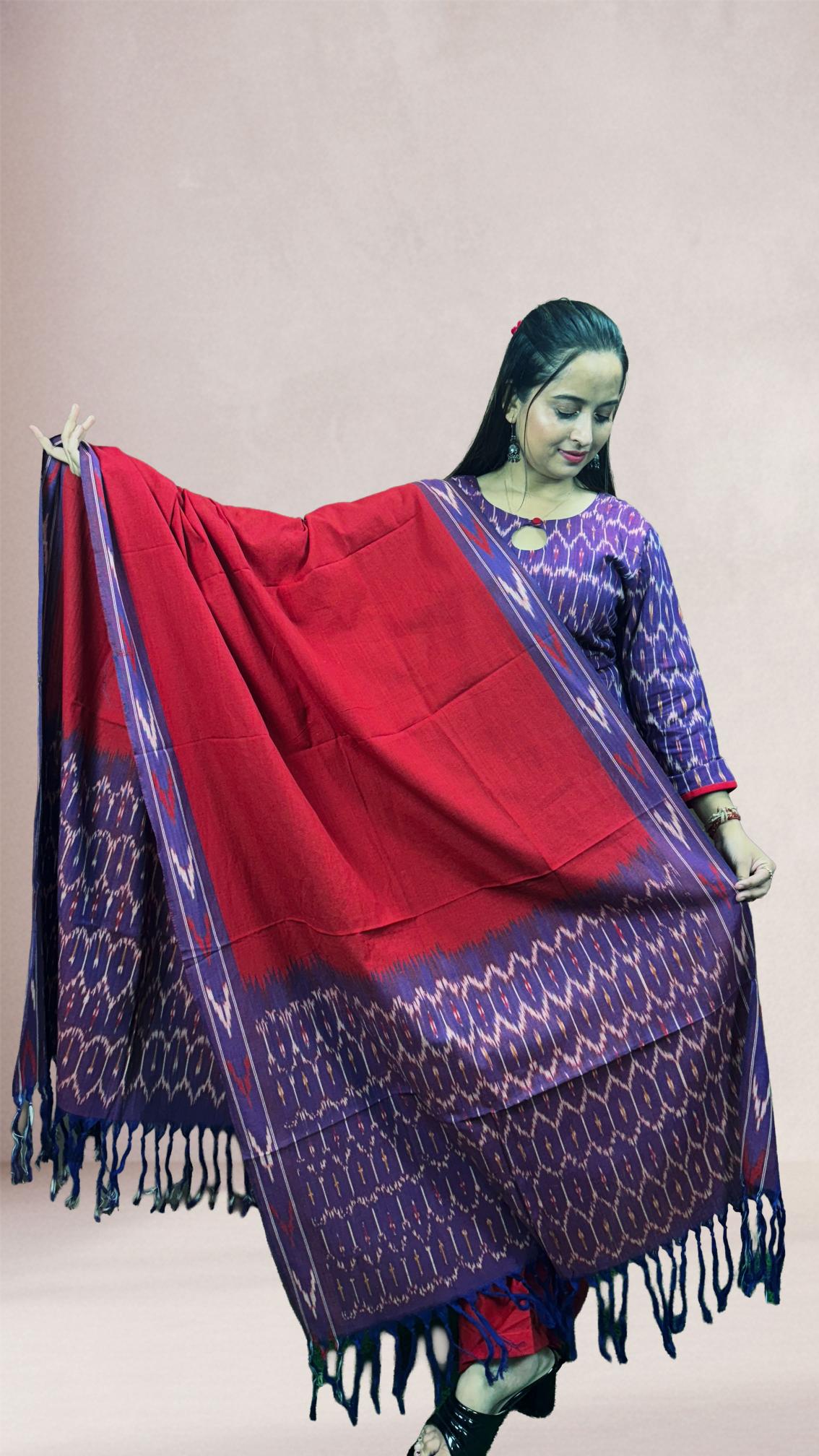 Purple Sambalpuri Ikat Kurti Set with Red Dupatta