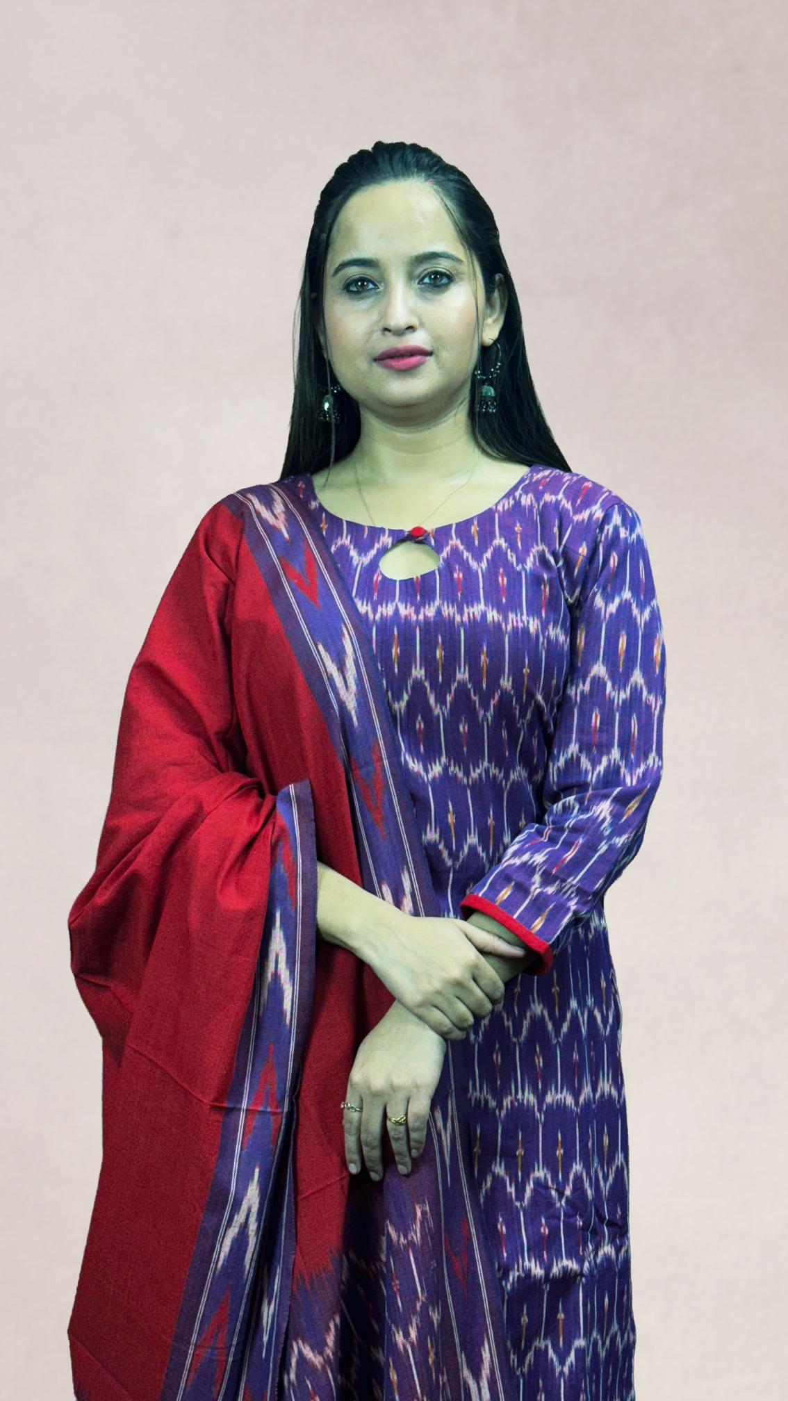 Purple Sambalpuri Ikat Kurti Set with Red Dupatta
