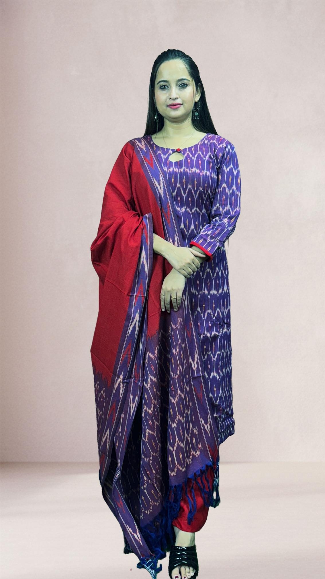 Purple Sambalpuri Ikat Kurti Set with Red Dupatta