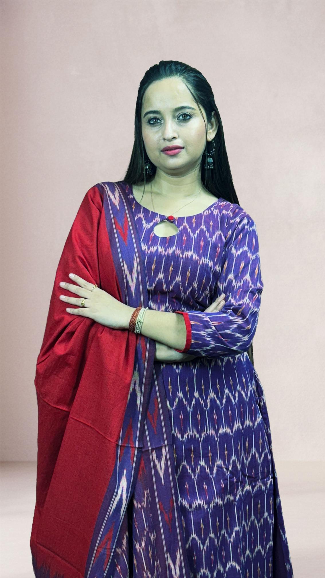 Purple Sambalpuri Ikat Kurti Set with Red Dupatta