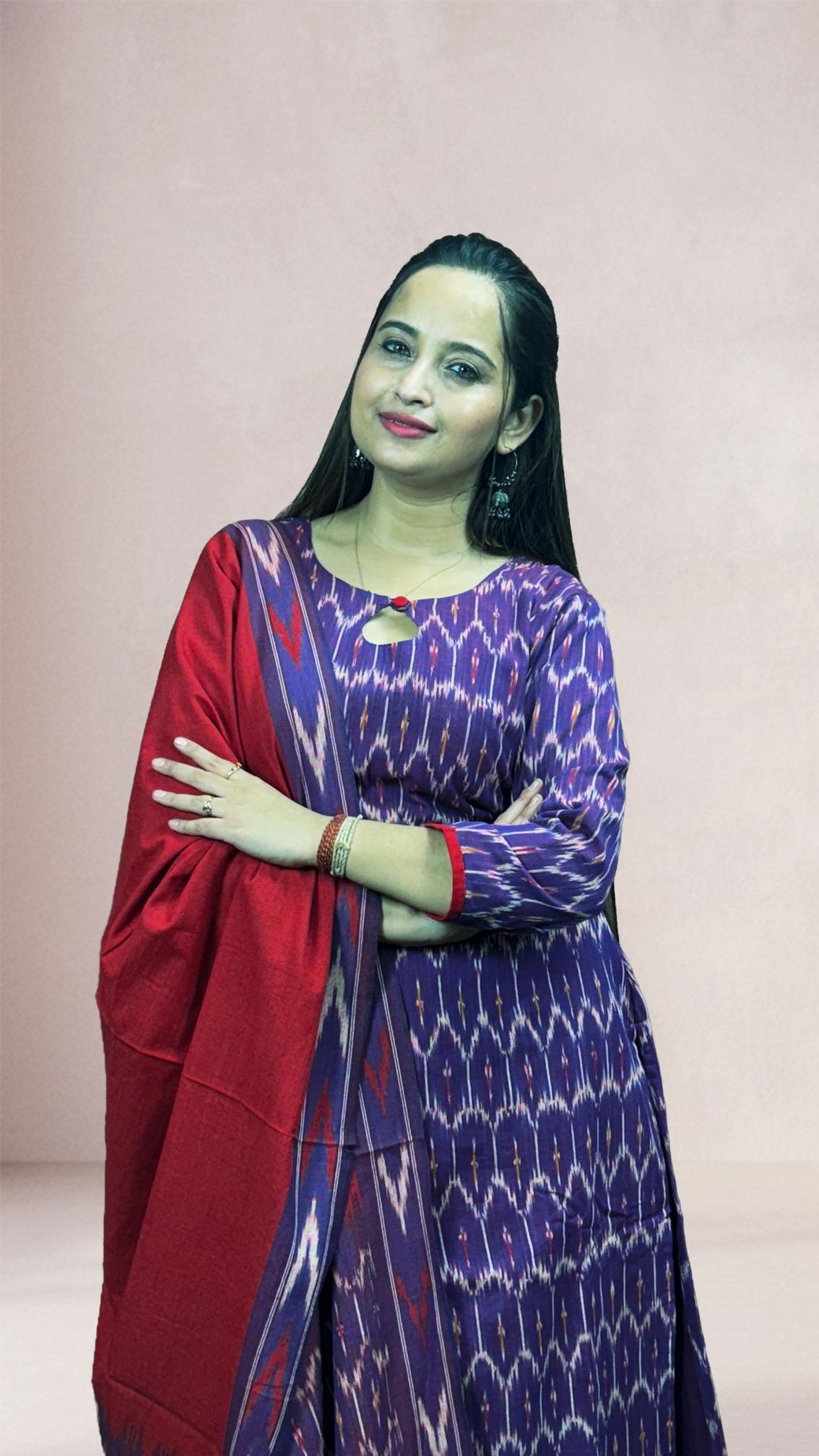 Purple Sambalpuri Ikat Kurti Set with Red Dupatta