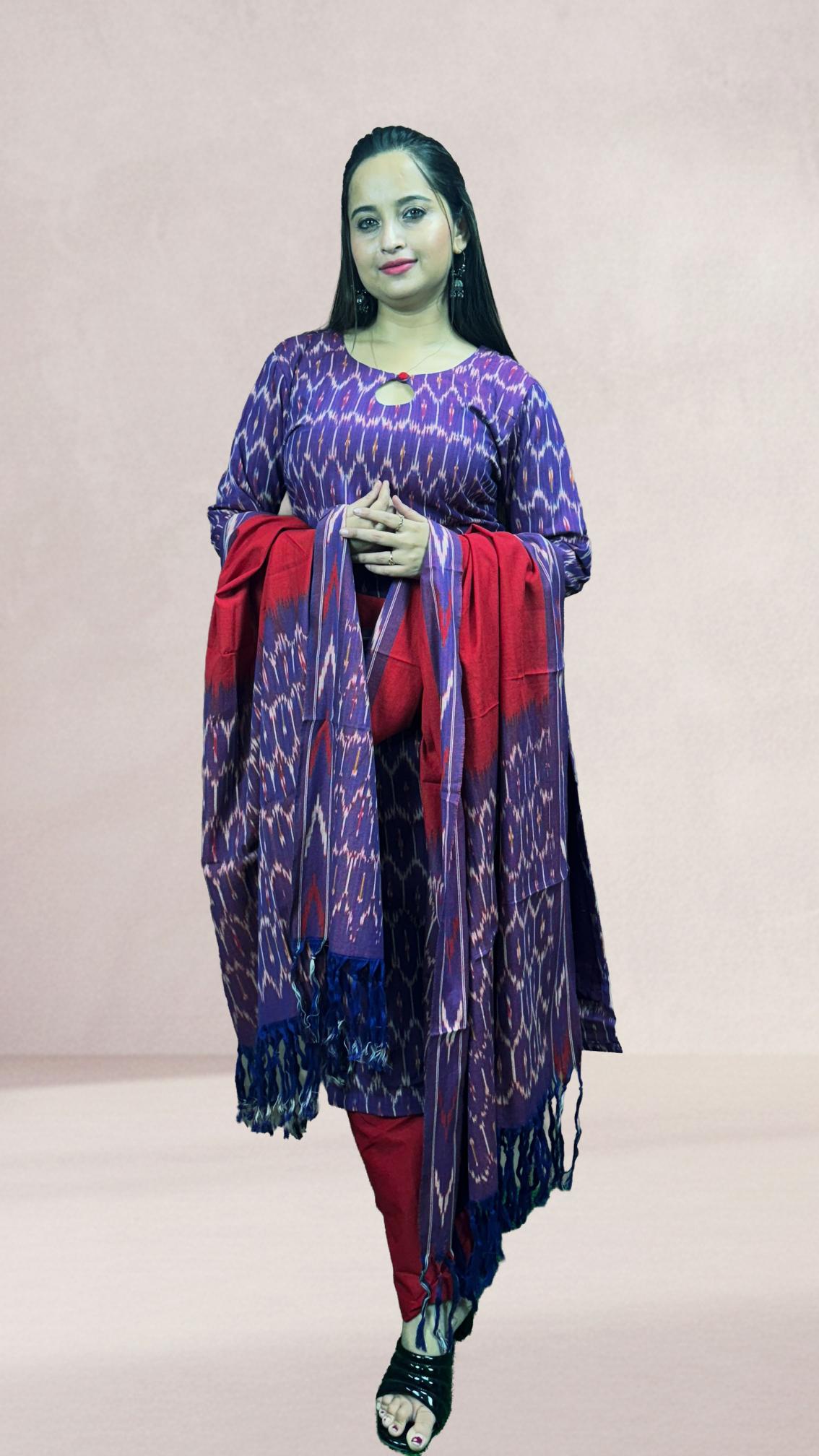 Purple Sambalpuri Ikat Kurti Set with Red Dupatta