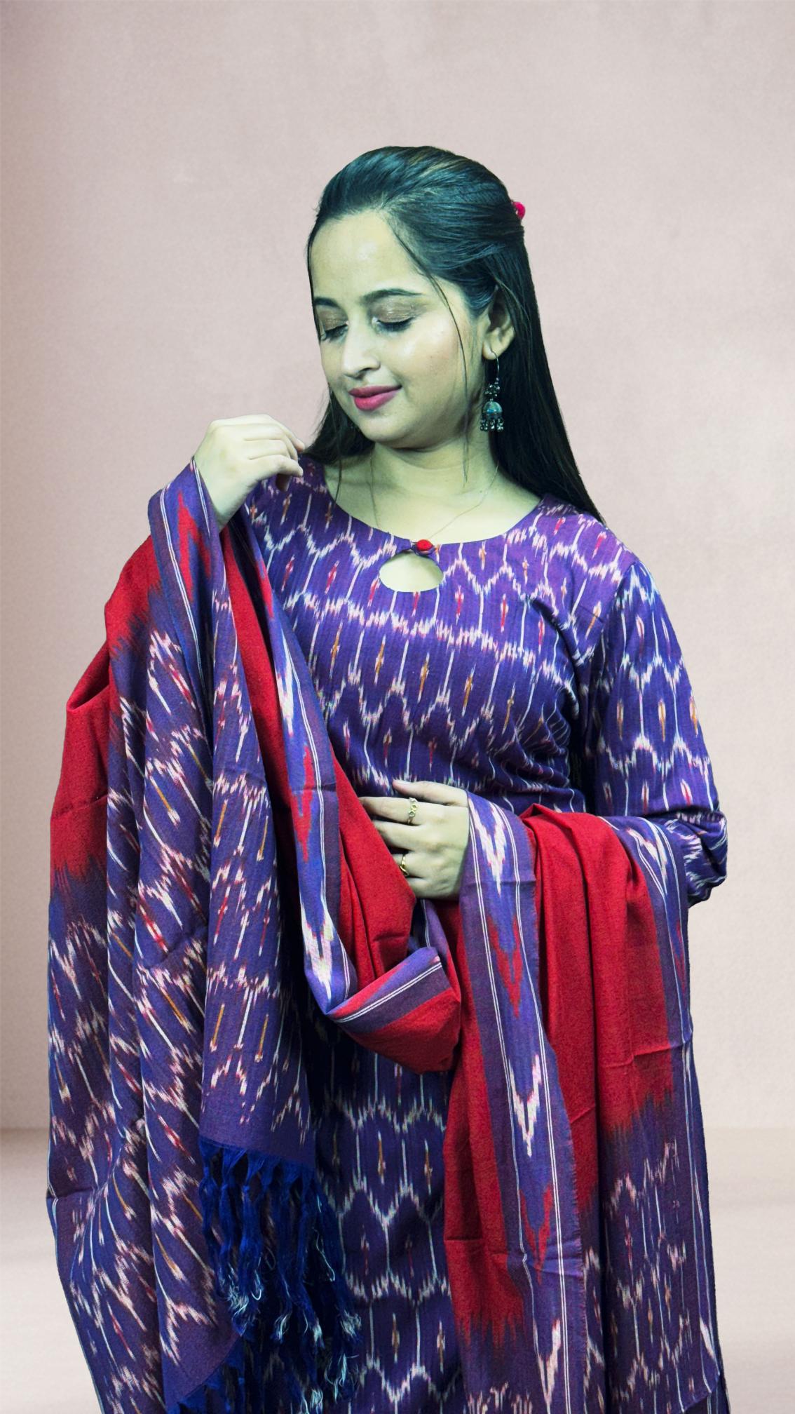 Purple Sambalpuri Ikat Kurti Set with Red Dupatta