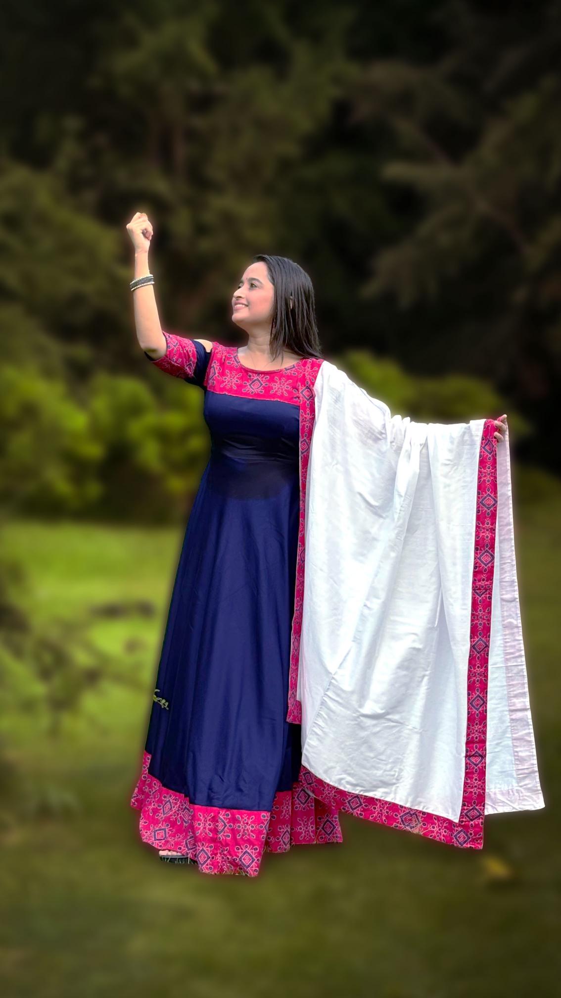 Navy Blue & Pink Sambalpuri Border Anarkali Set