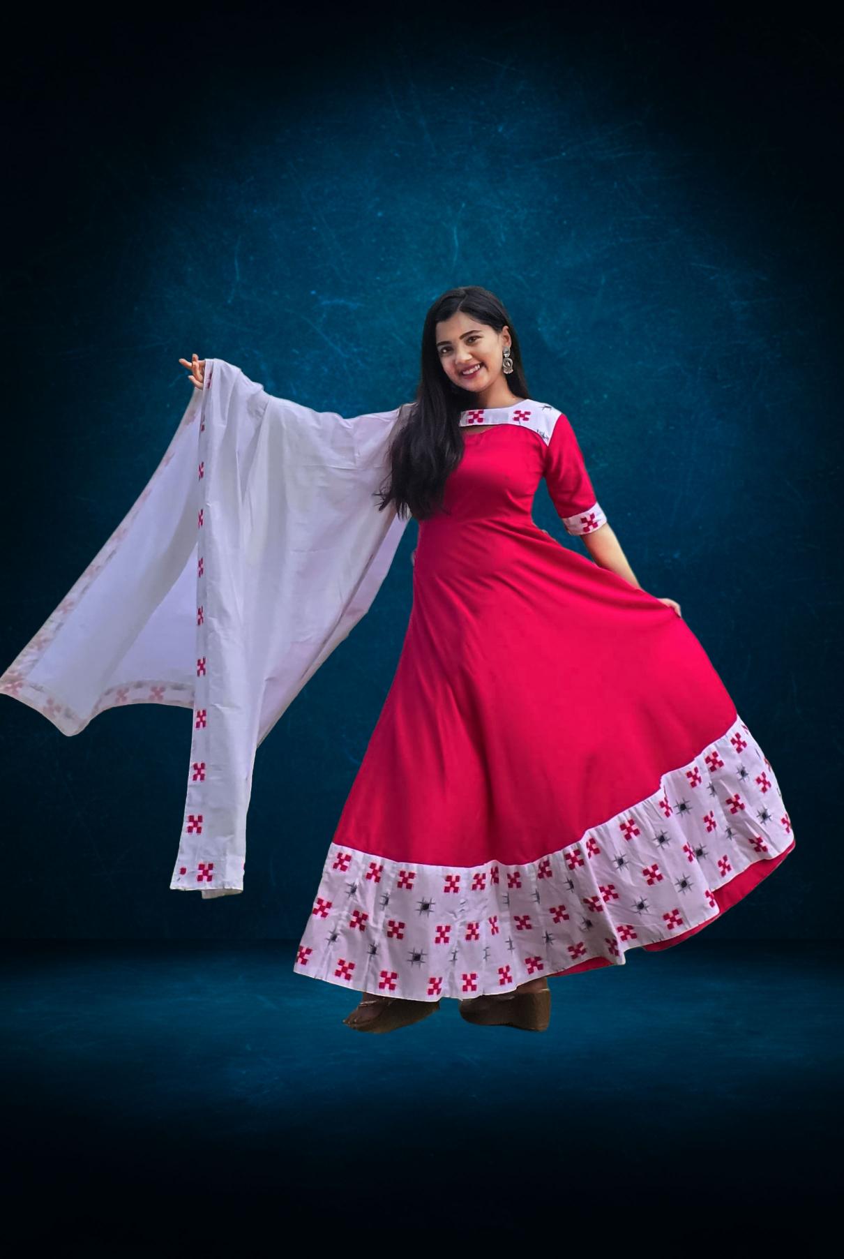 Pink & White Sambalpuri Border Anarkali Set