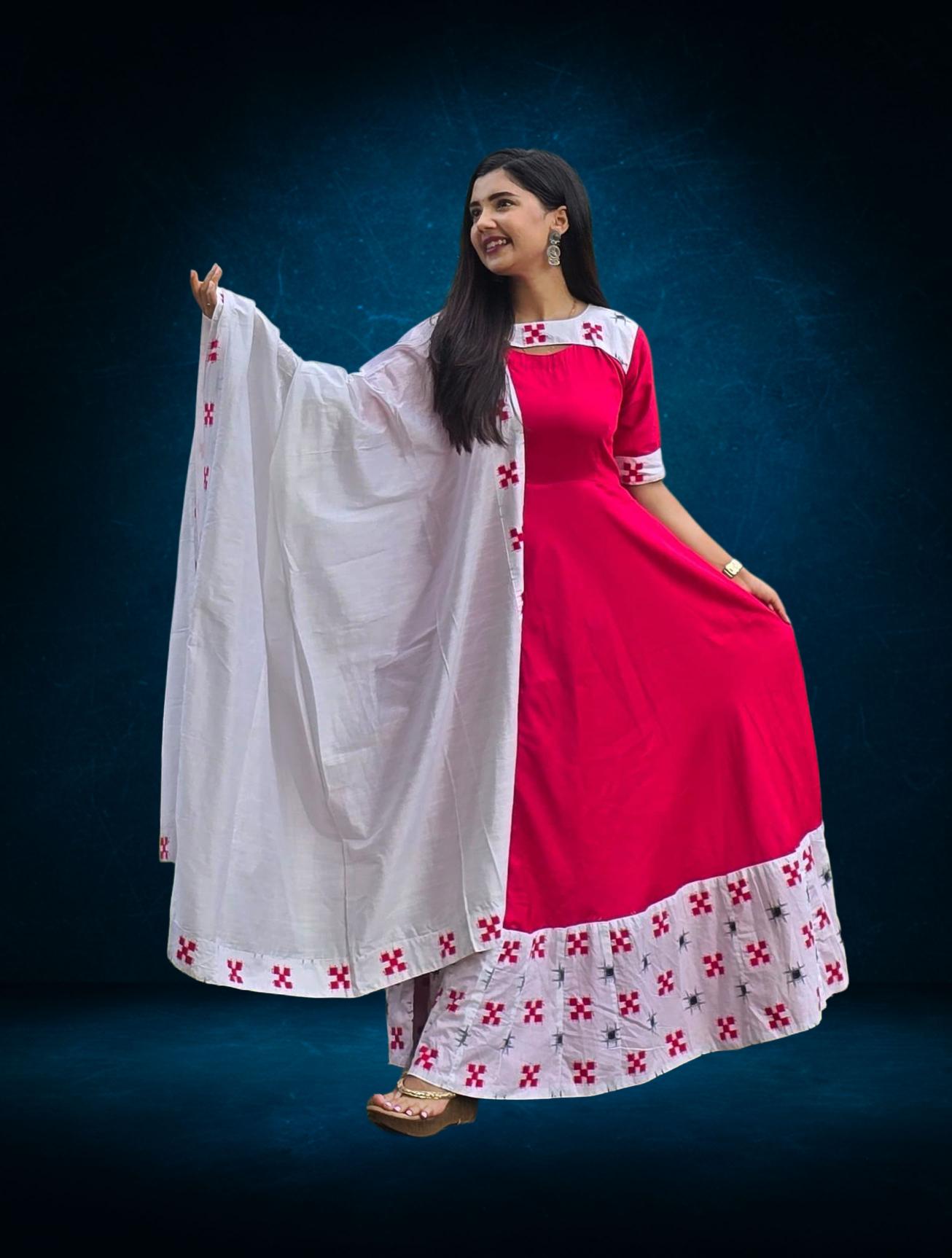 Pink & White Sambalpuri Border Anarkali Set