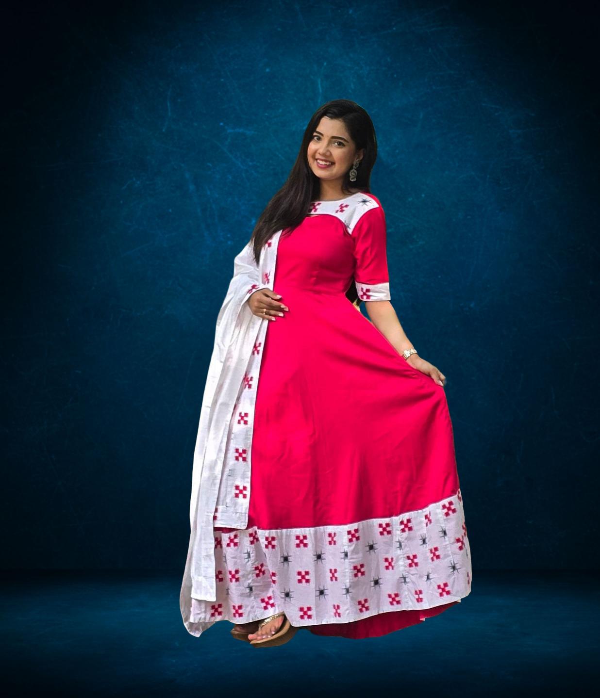 Pink & White Sambalpuri Border Anarkali Set