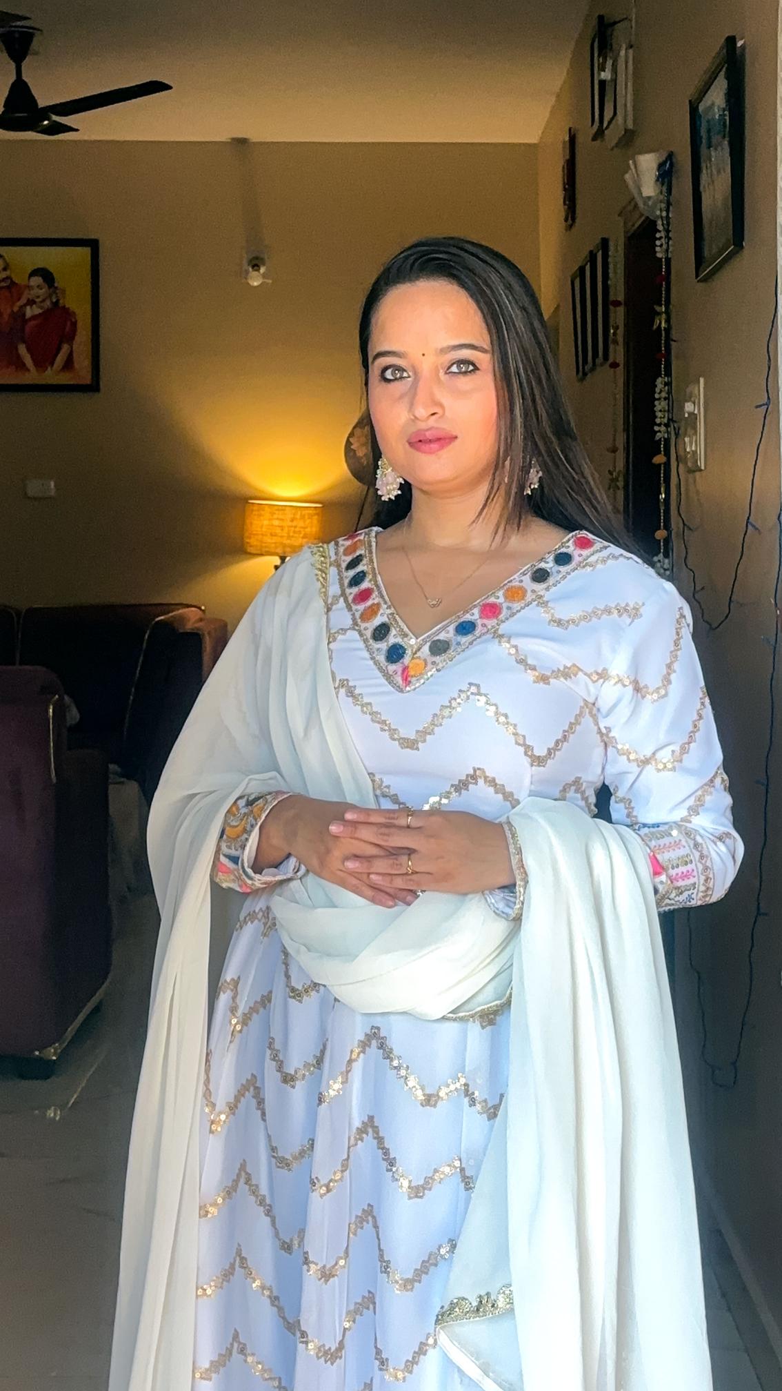 Elegant White Mirror-Work Anarkali Set