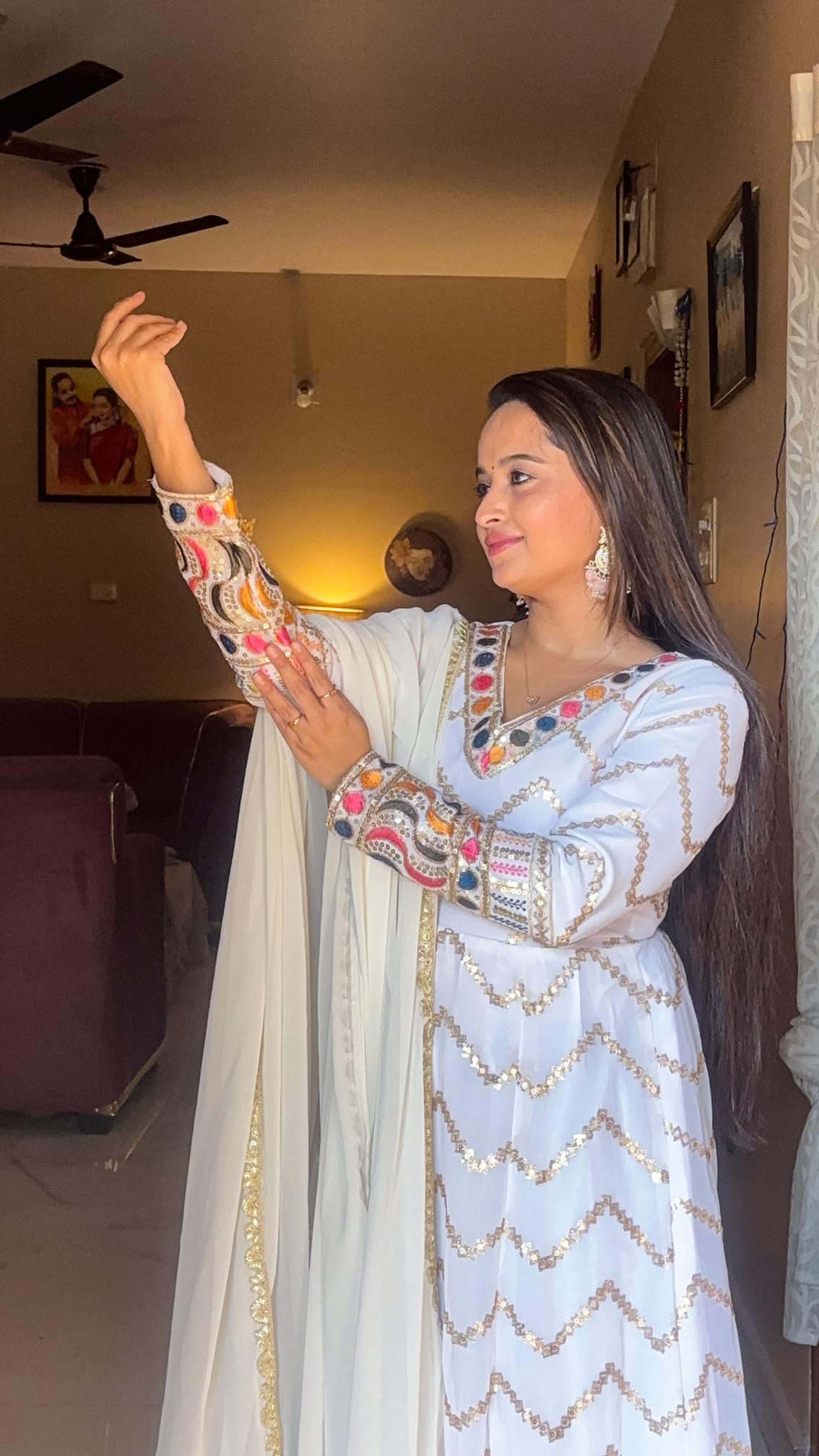 Elegant White Mirror-Work Anarkali Set