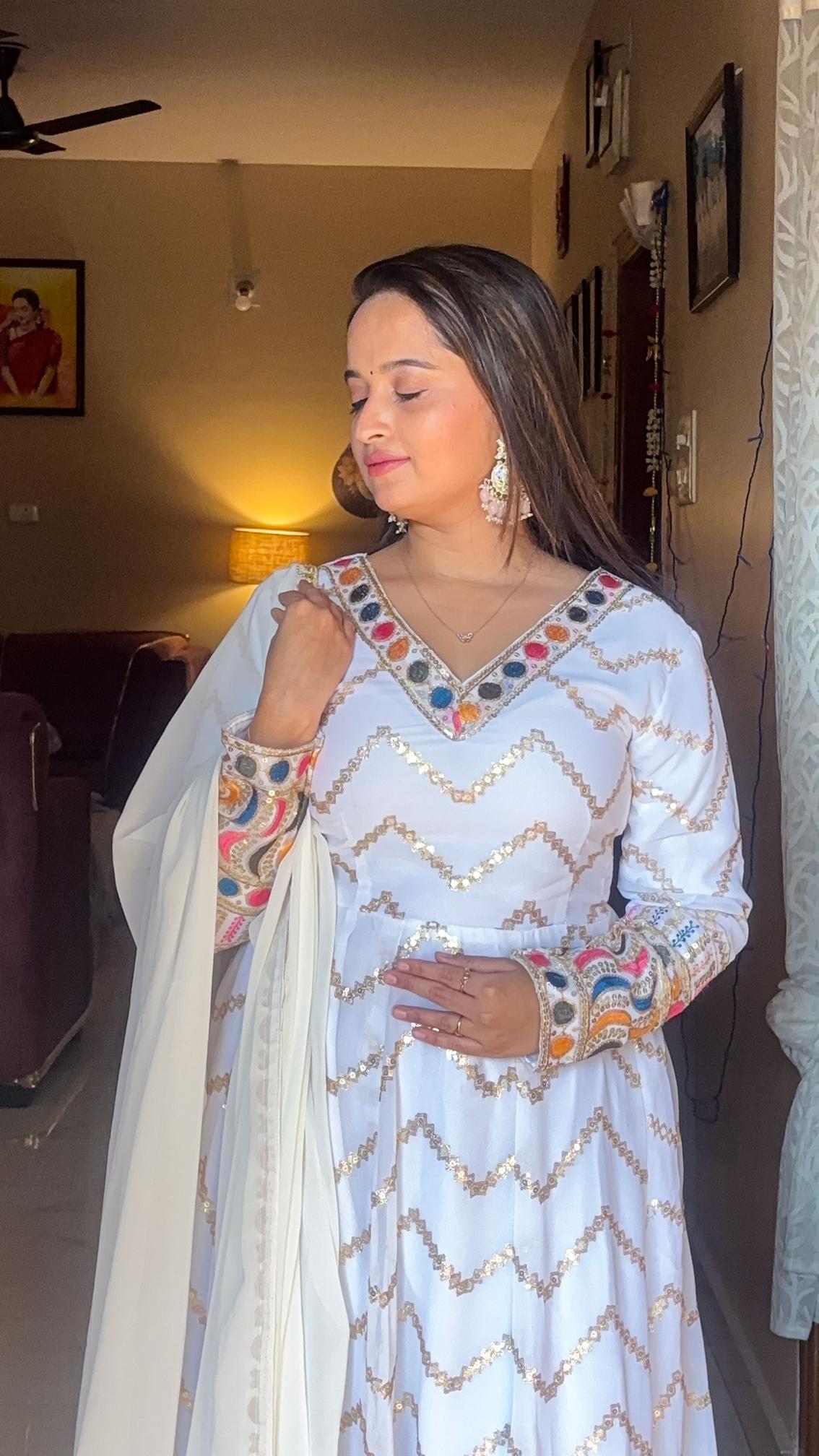 Elegant White Mirror-Work Anarkali Set
