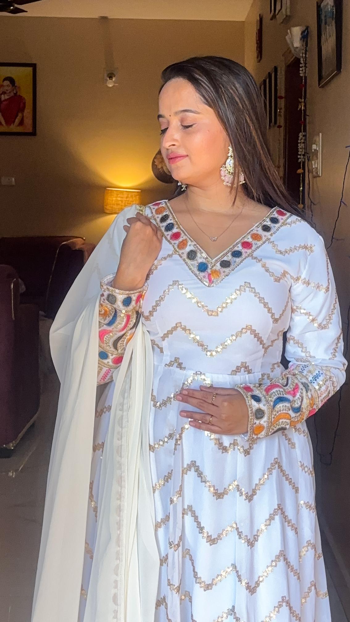Elegant White Mirror-Work Anarkali Set