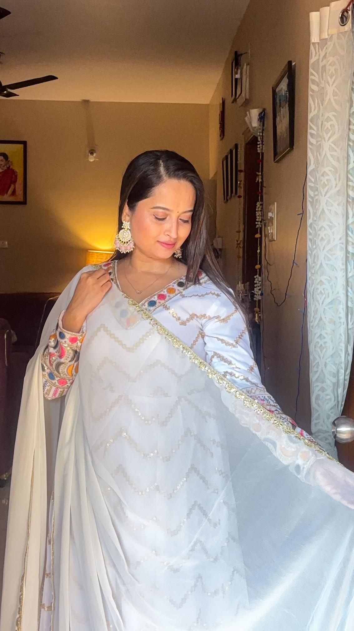 Elegant White Mirror-Work Anarkali Set