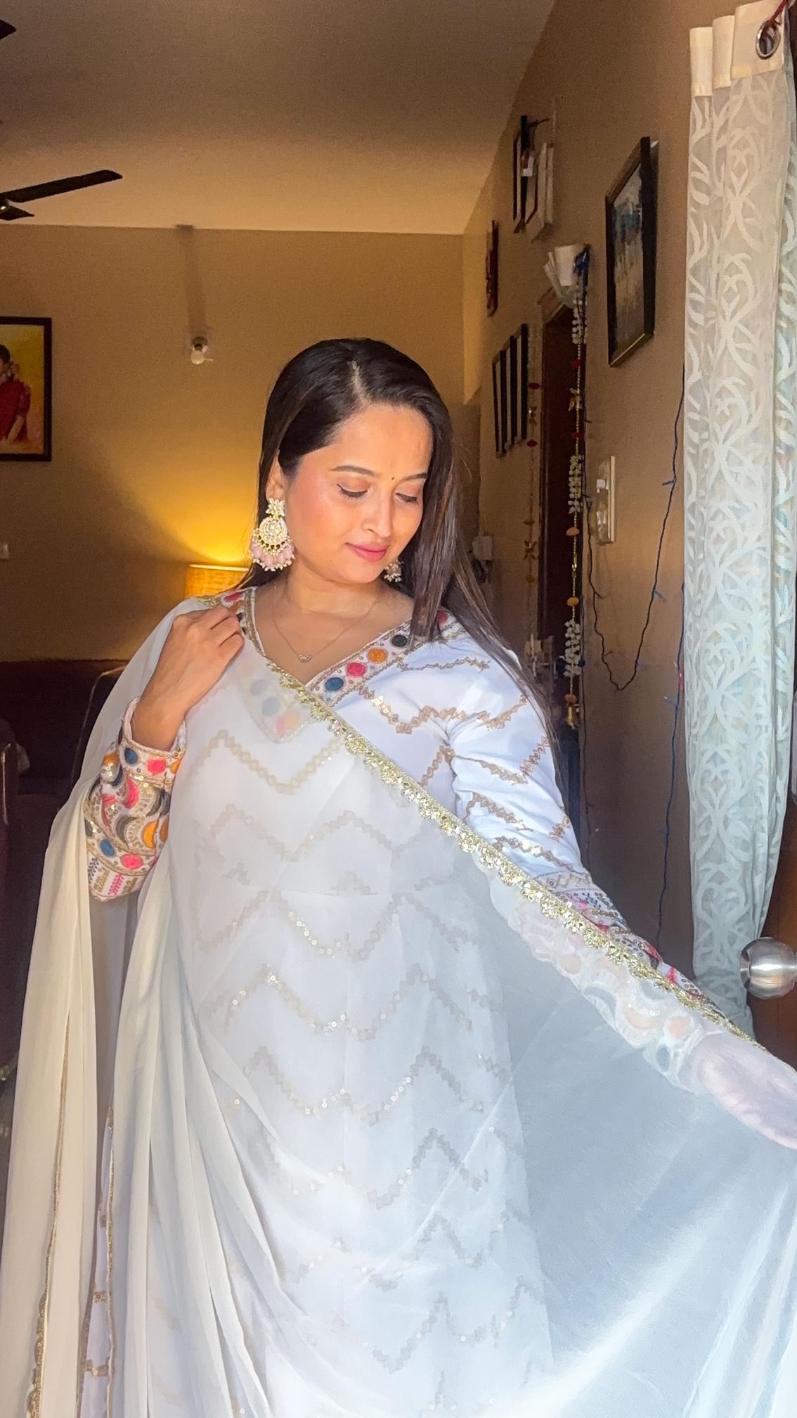 Elegant White Mirror-Work Anarkali Set