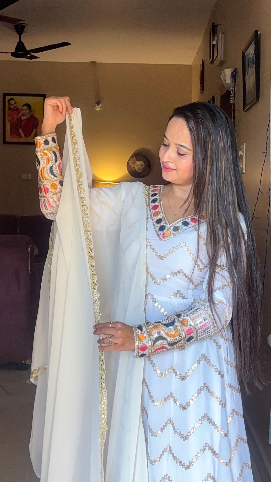 Elegant White Mirror-Work Anarkali Set