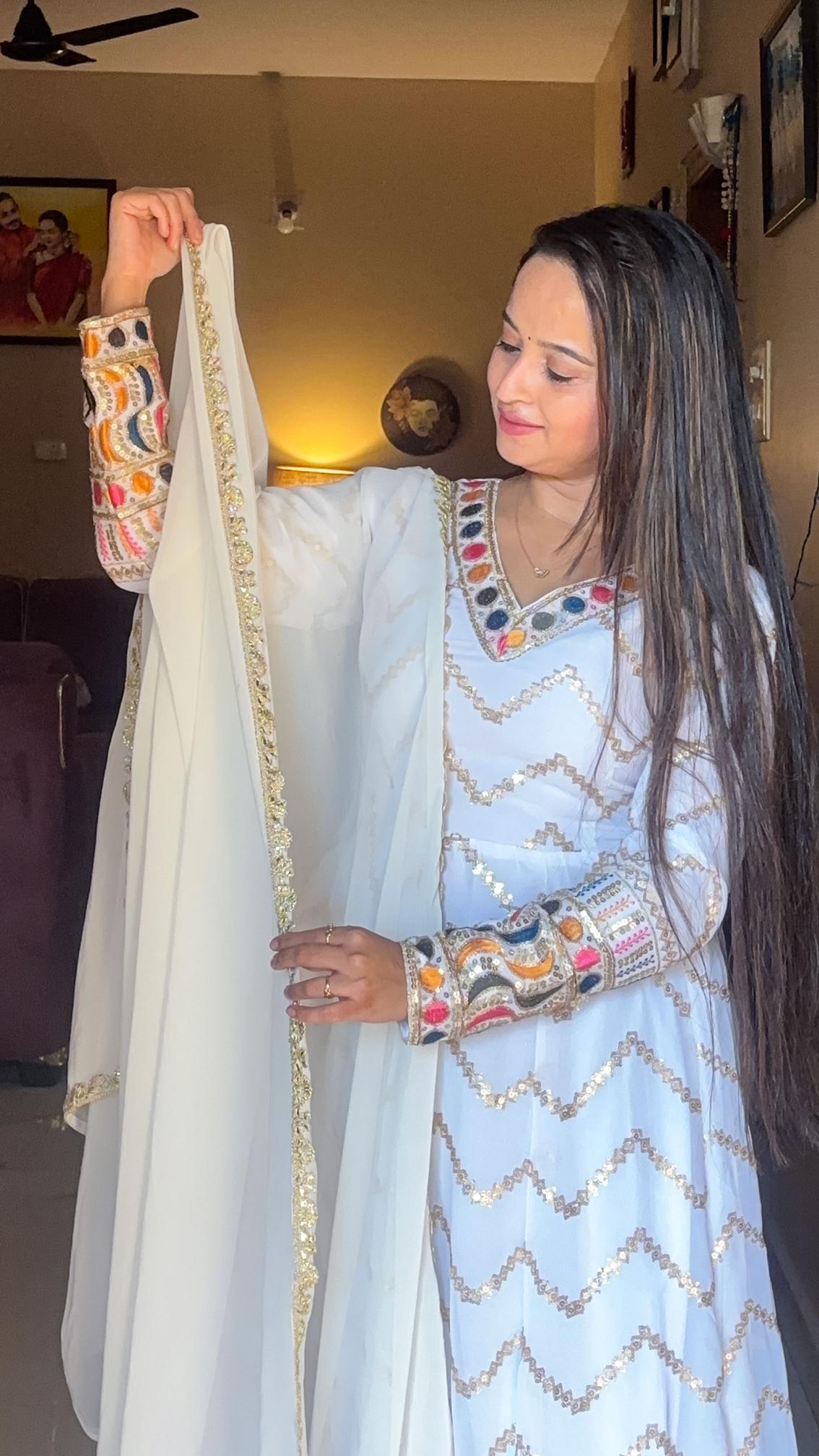 Elegant White Mirror-Work Anarkali Set