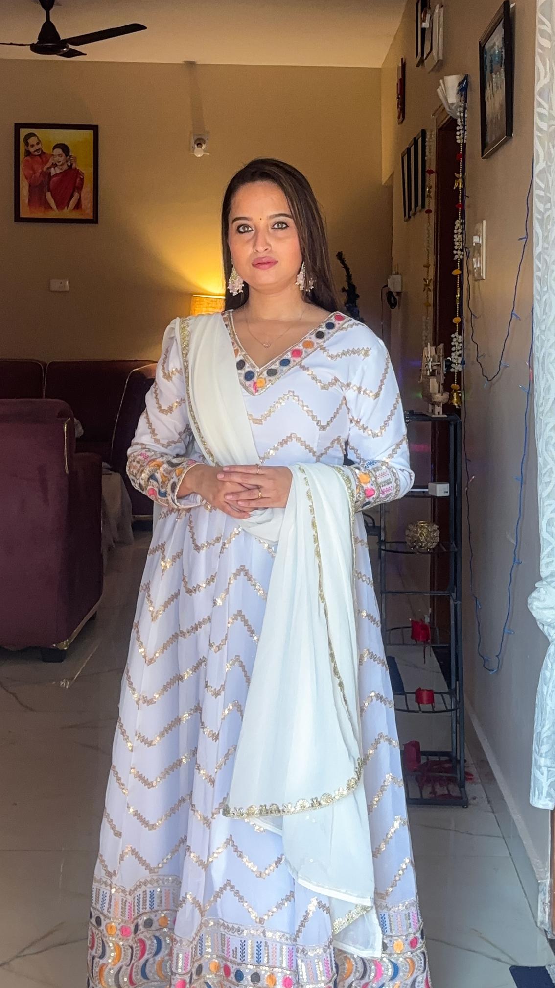 Elegant White Mirror-Work Anarkali Set