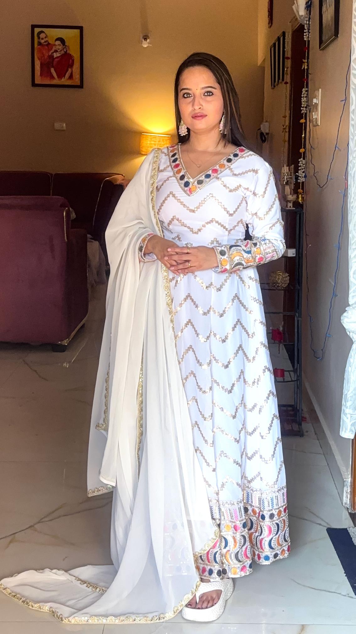 Elegant White Mirror-Work Anarkali Set