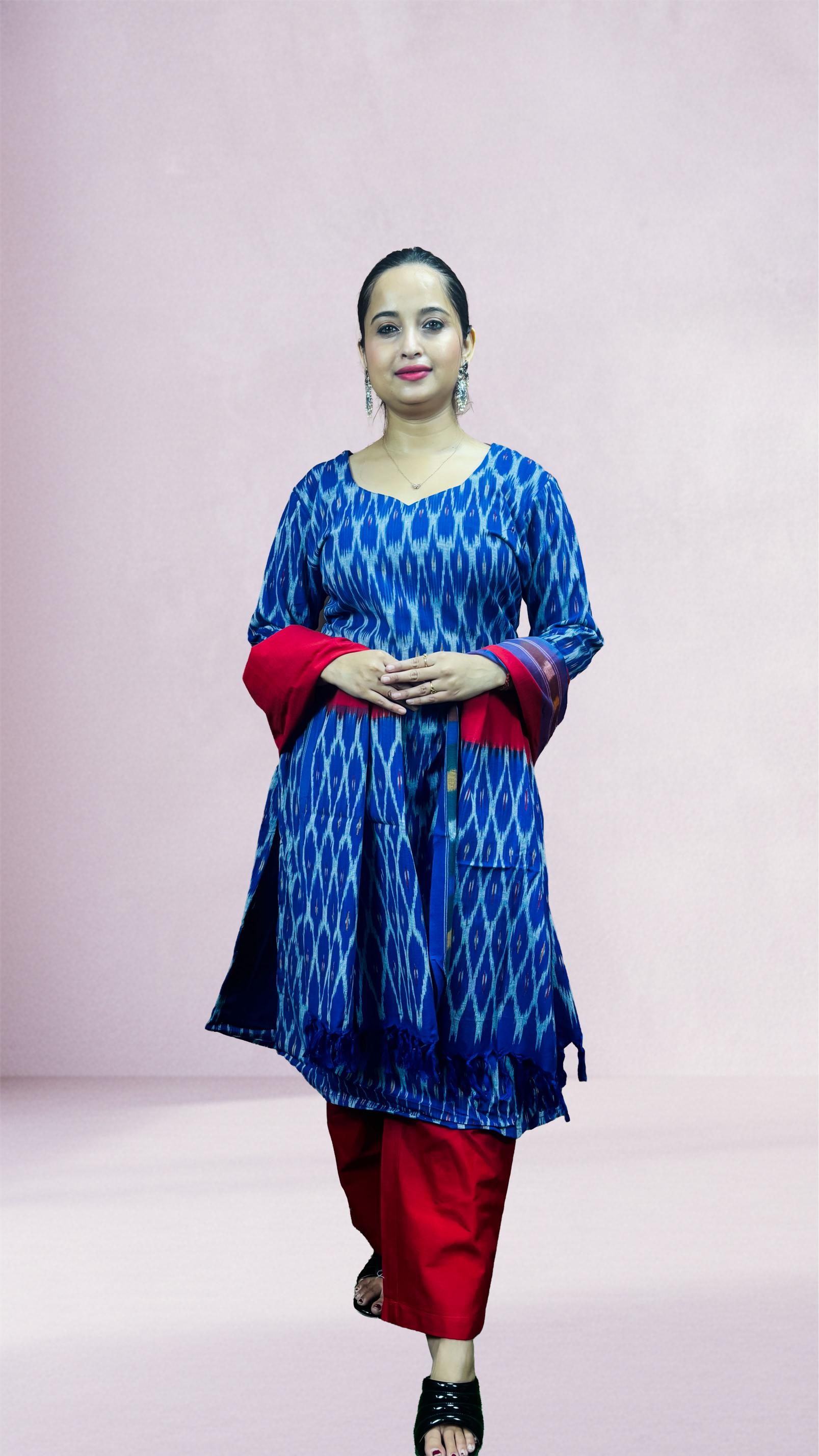 Blue Sambalpuri Ikat Kurti Set with Red Dupatta