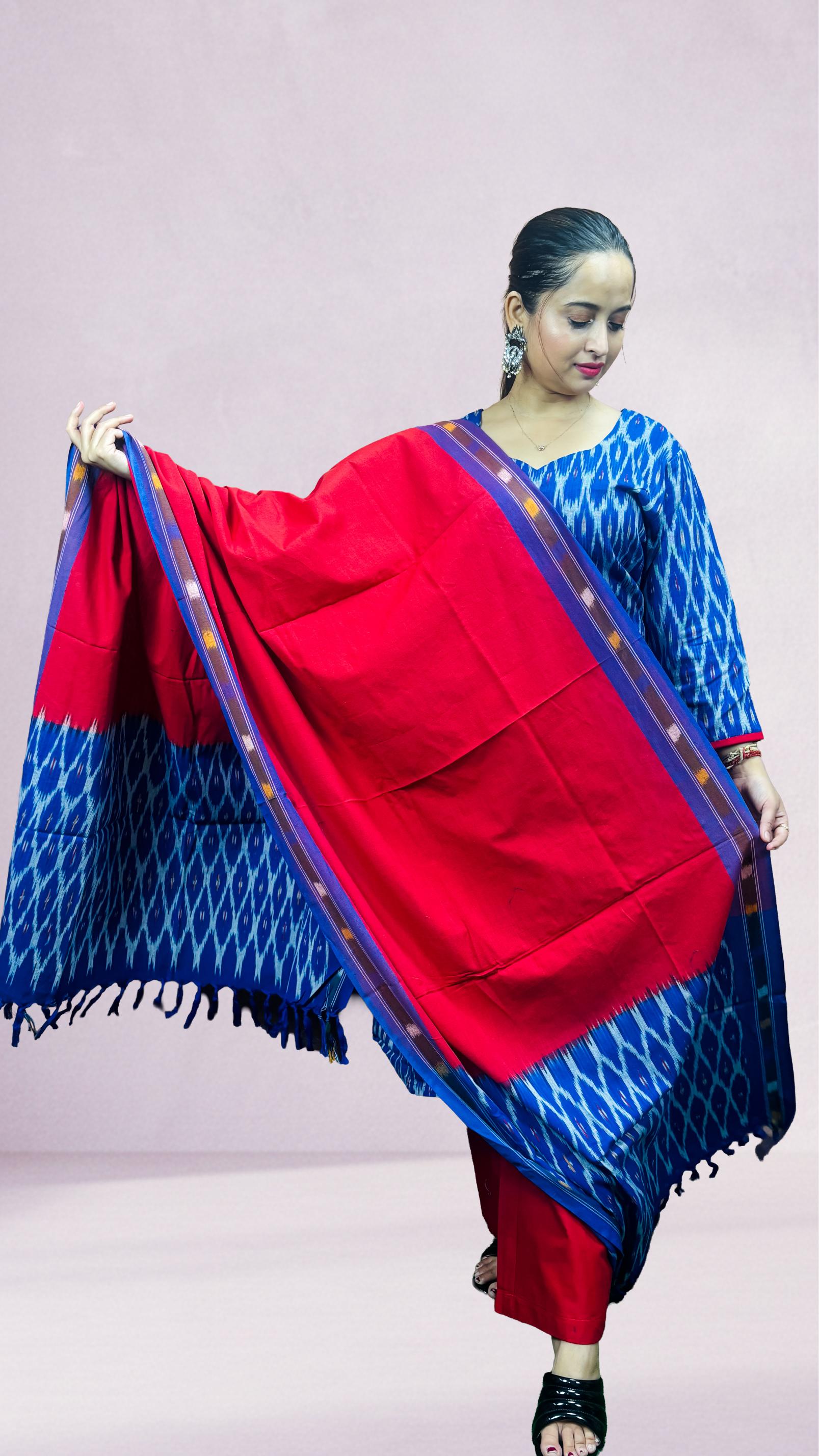 Blue Sambalpuri Ikat Kurti Set with Red Dupatta