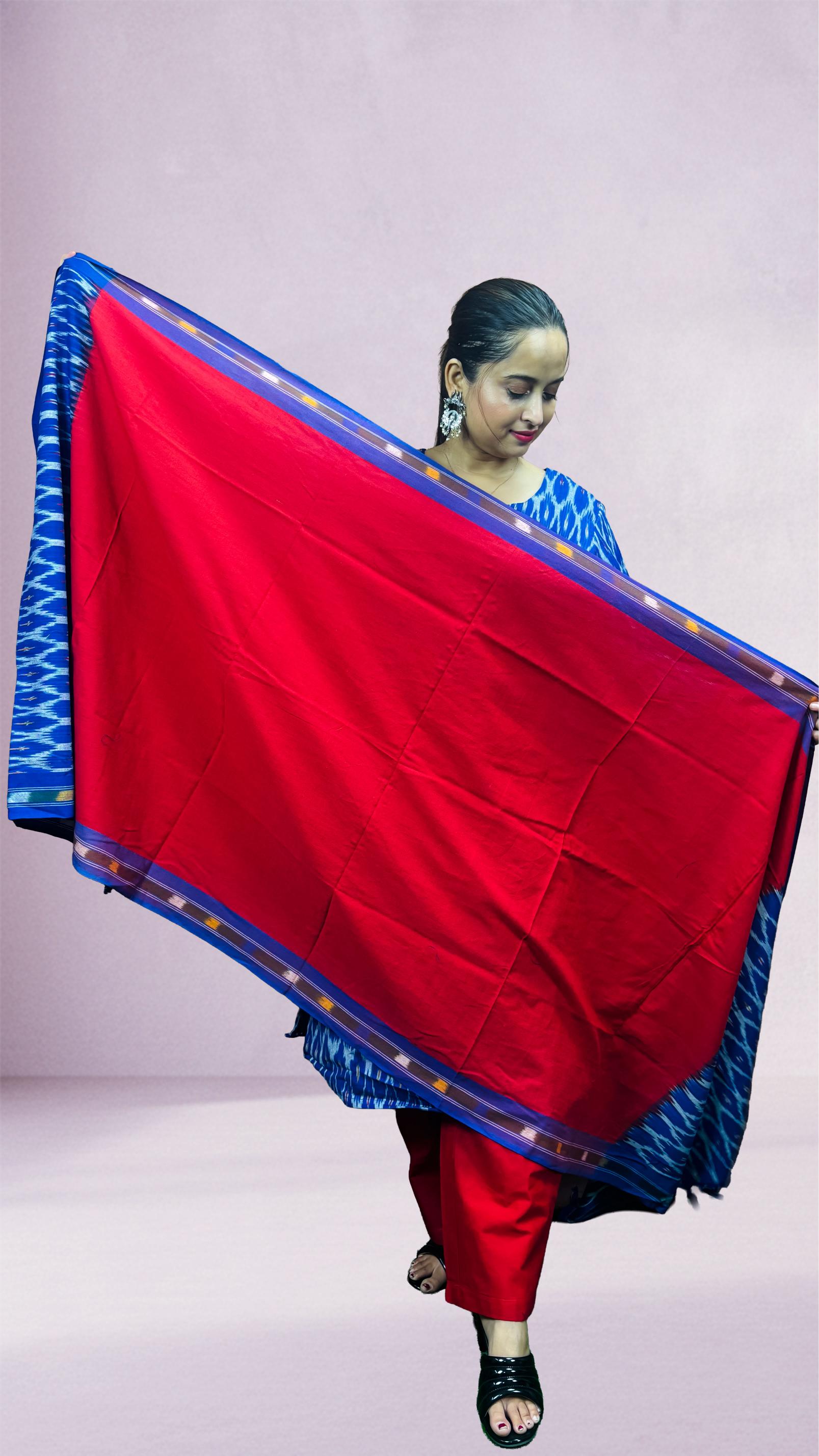 Blue Sambalpuri Ikat Kurti Set with Red Dupatta
