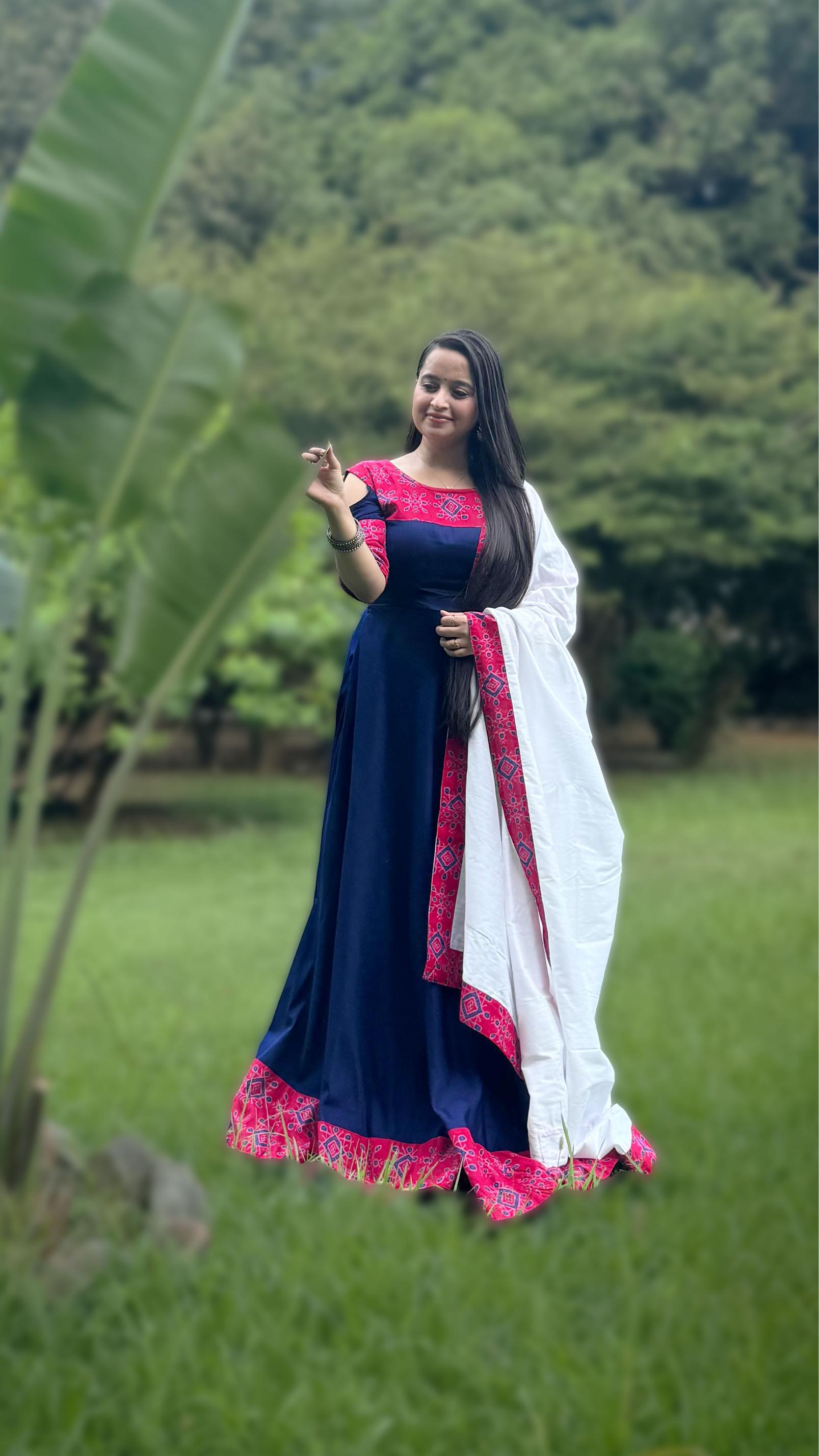Navy Blue & Pink Sambalpuri Border Anarkali Set