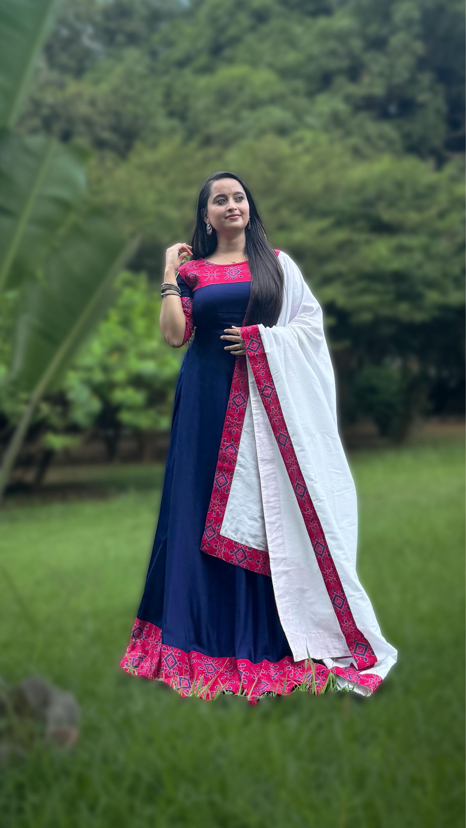 Navy Blue & Pink Sambalpuri Border Anarkali Set