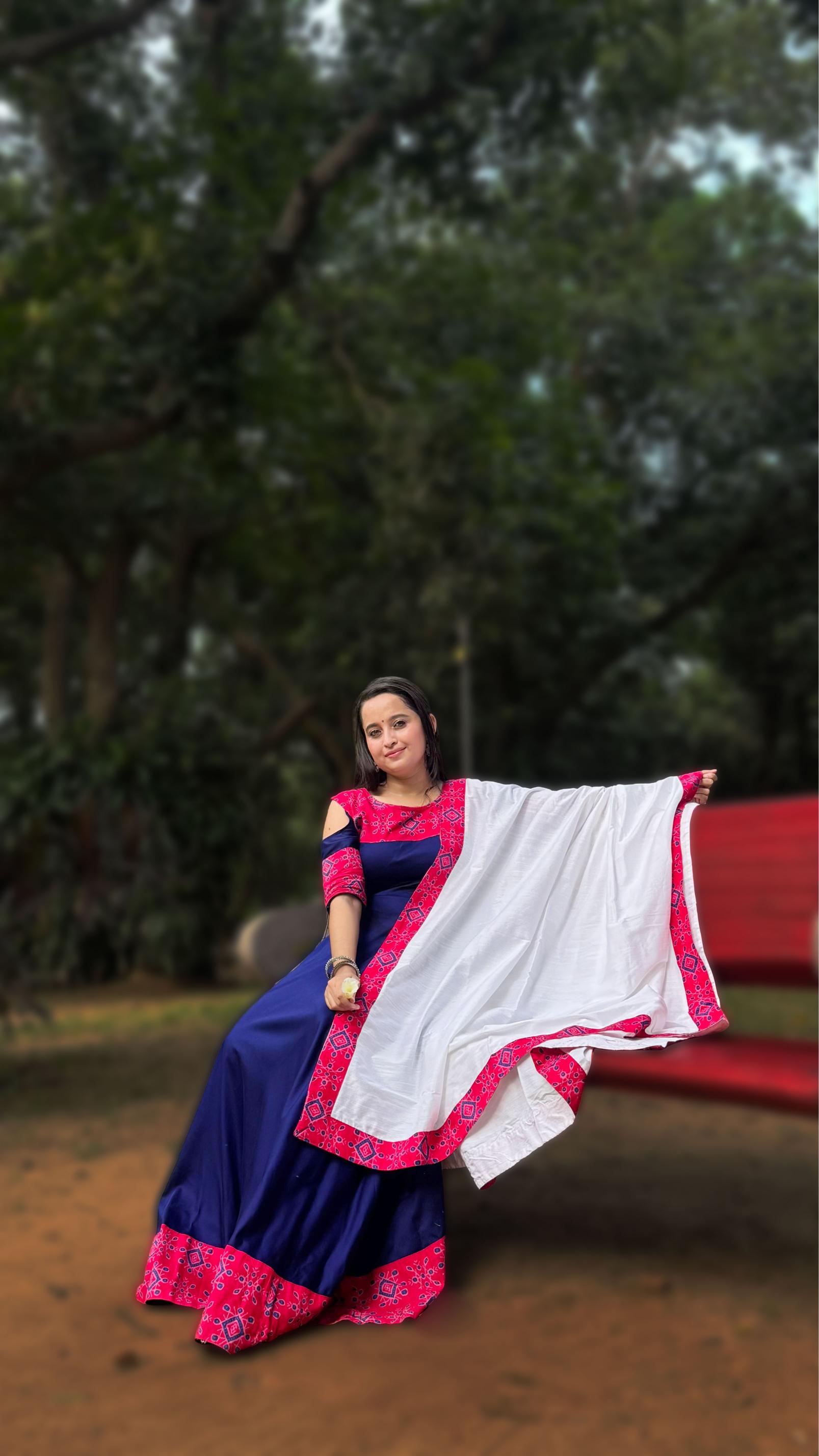 Navy Blue & Pink Sambalpuri Border Anarkali Set