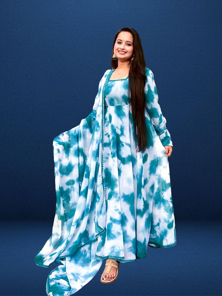 Aqua Tie-Dye Flowy Anarkali Set