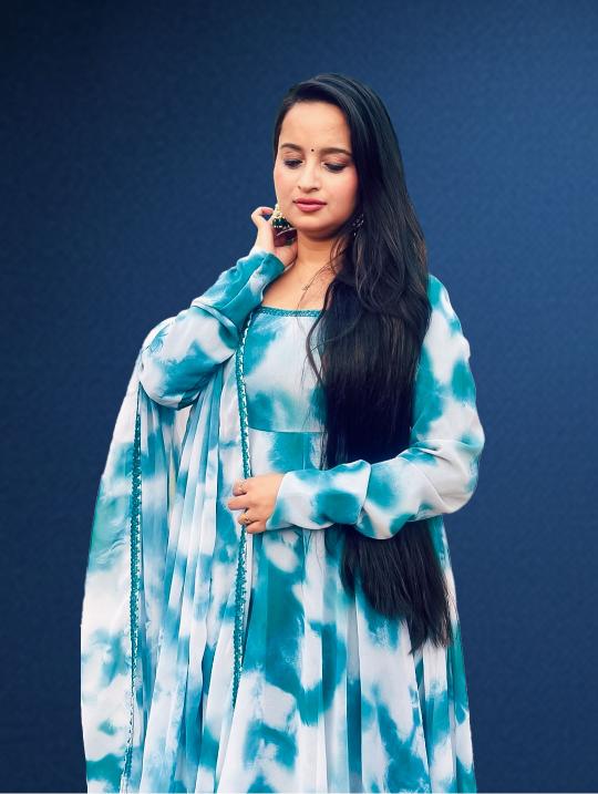 Aqua Tie-Dye Flowy Anarkali Set