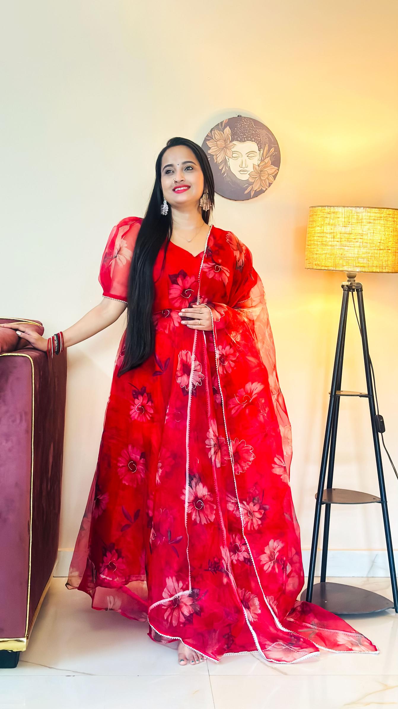 Red Floral Organza Anarkali Set