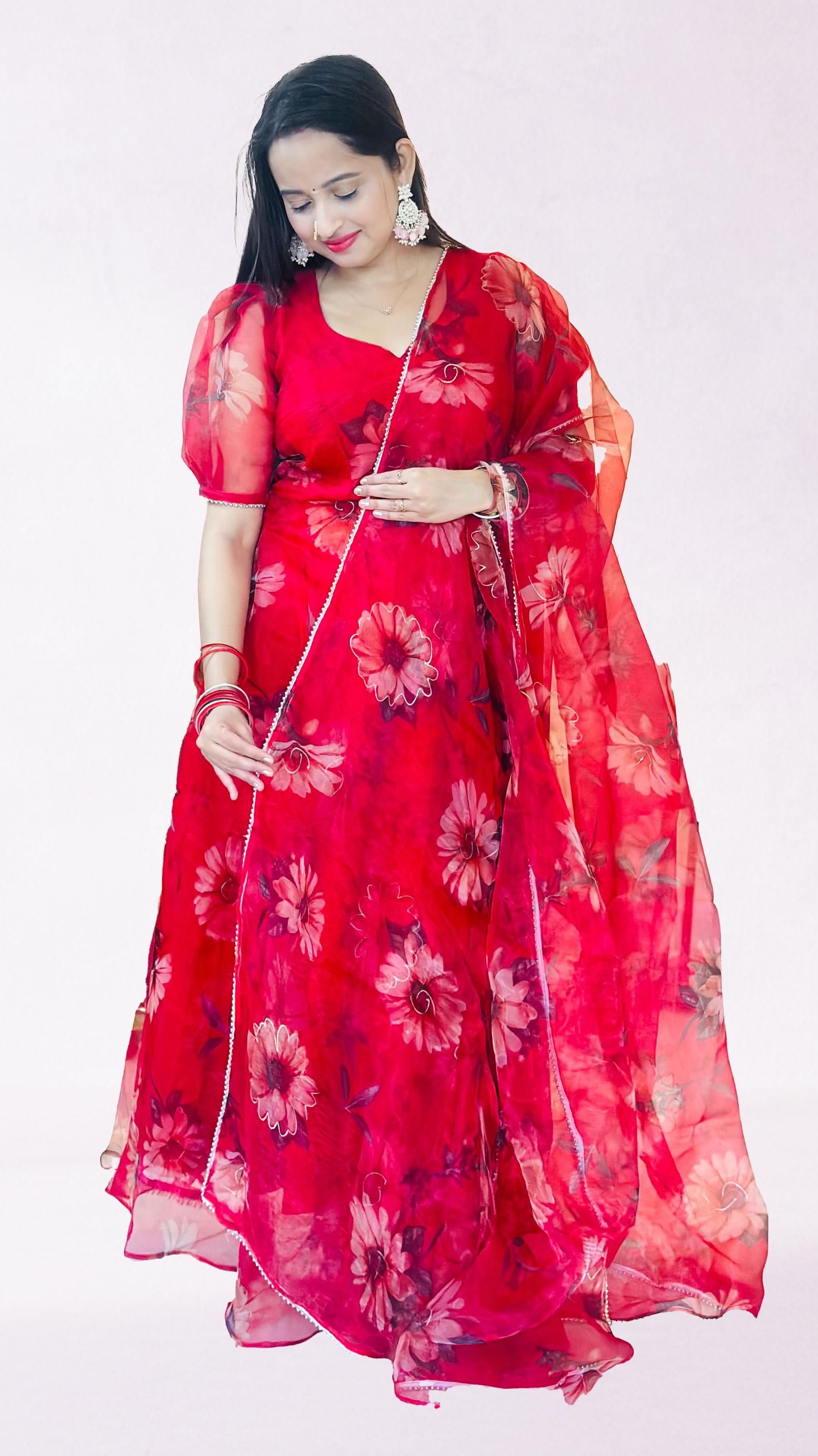 Red Floral Organza Anarkali Set