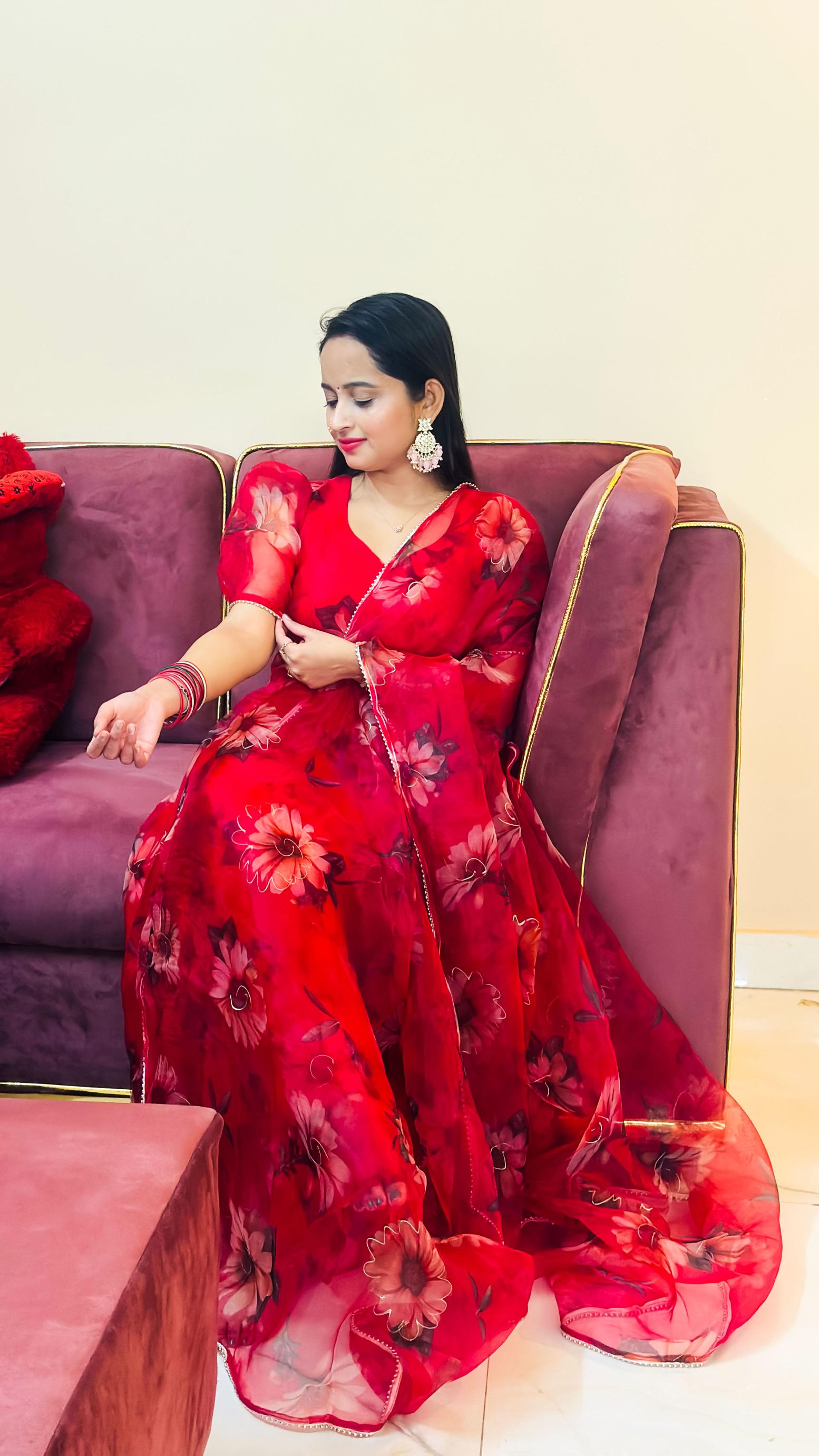 Red Floral Organza Anarkali Set