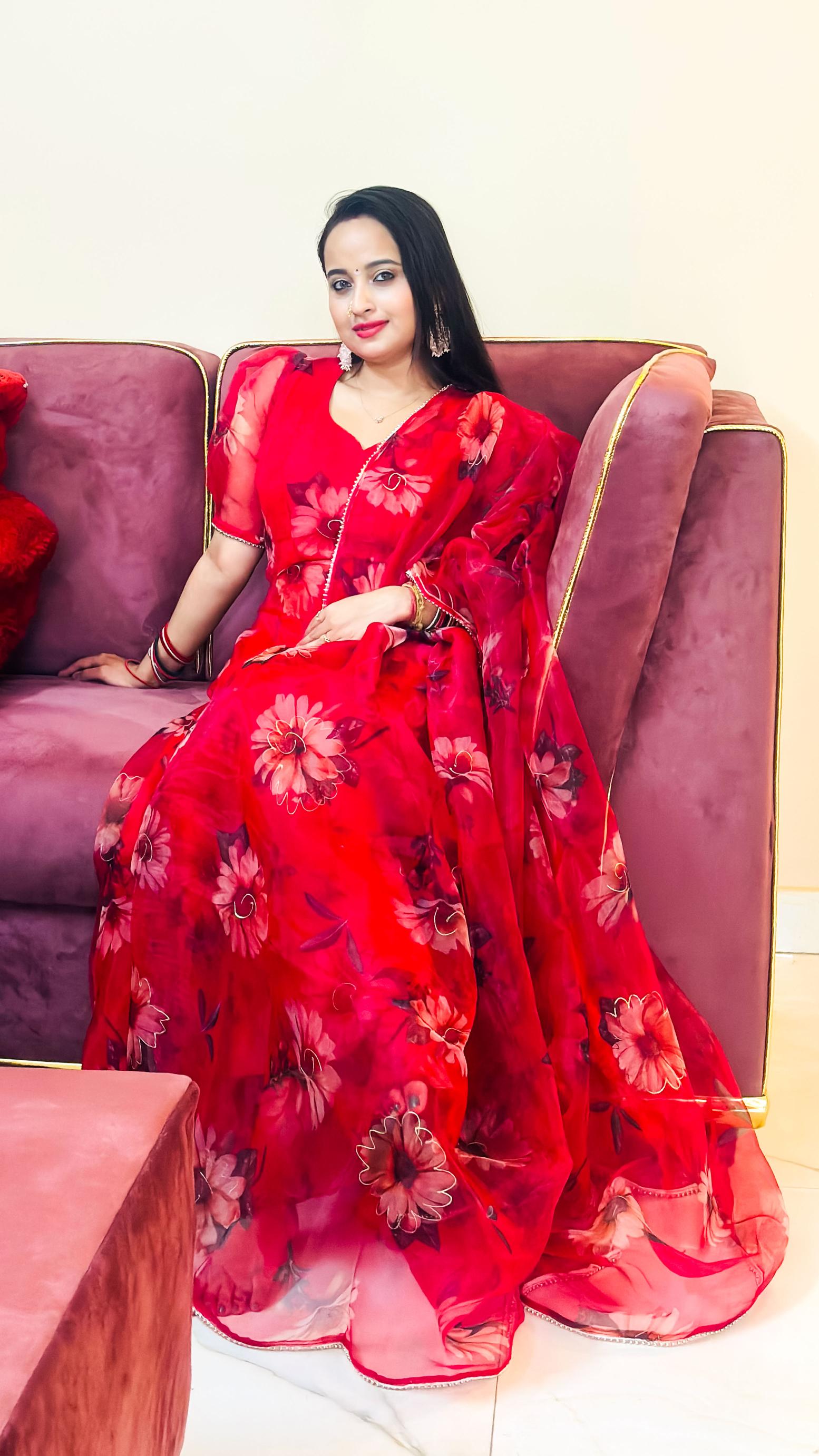 Red Floral Organza Anarkali Set