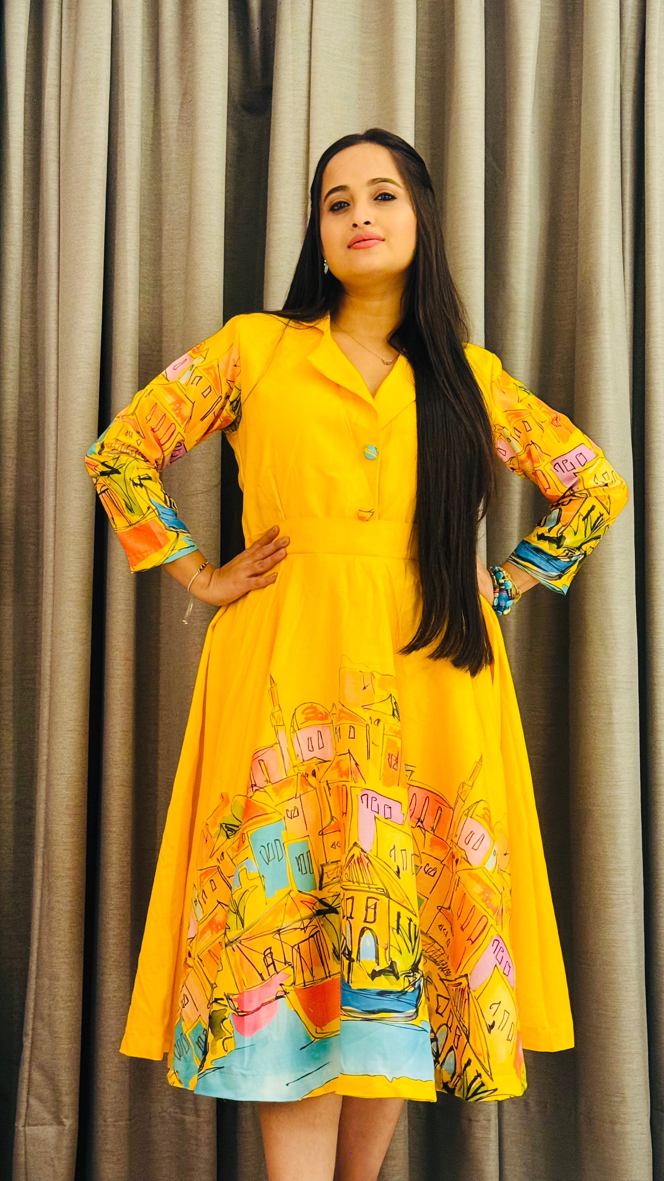 Sunshine Sketch Art Flared Midi Dress