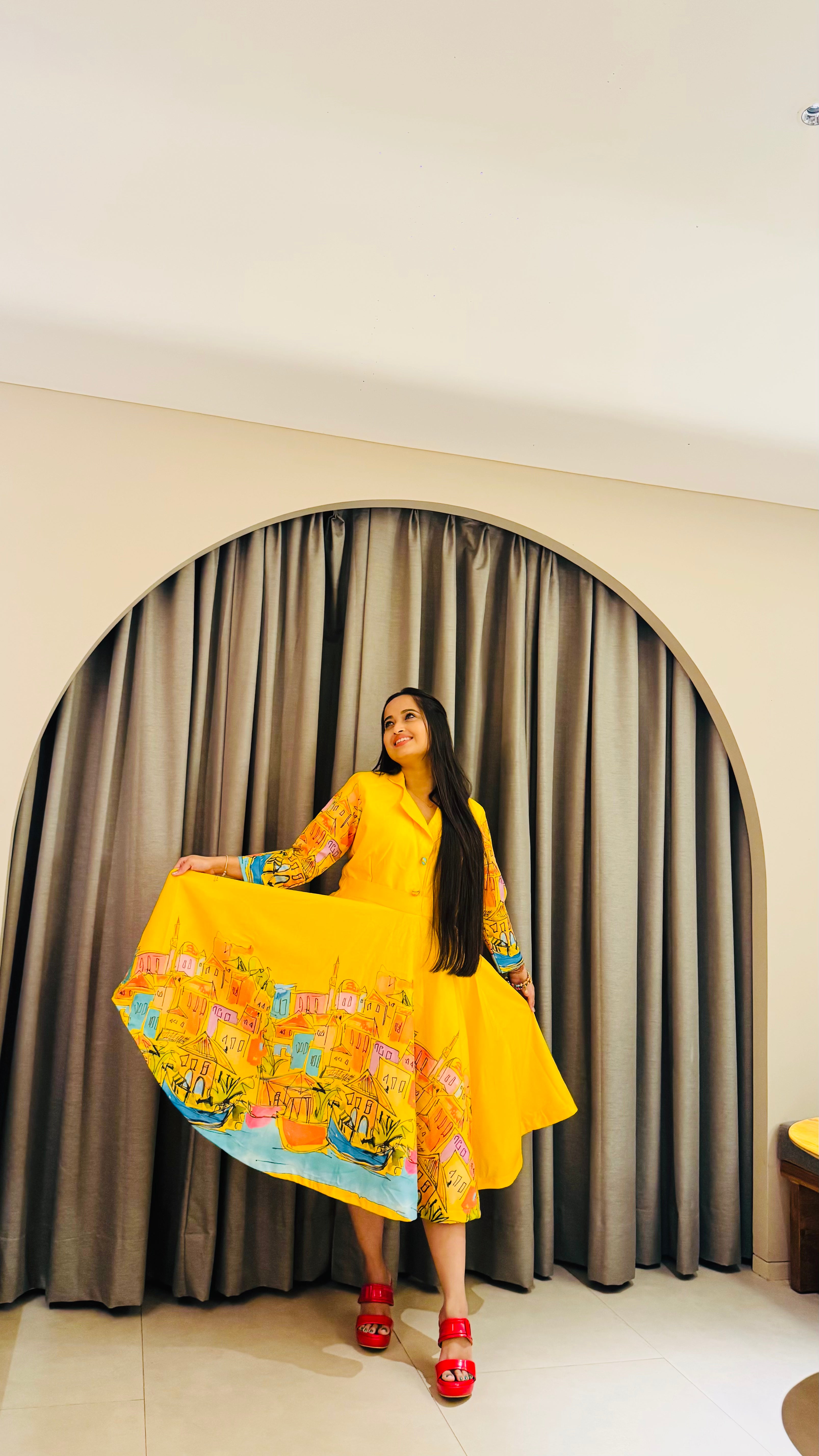 Sunshine Sketch Art Flared Midi Dress