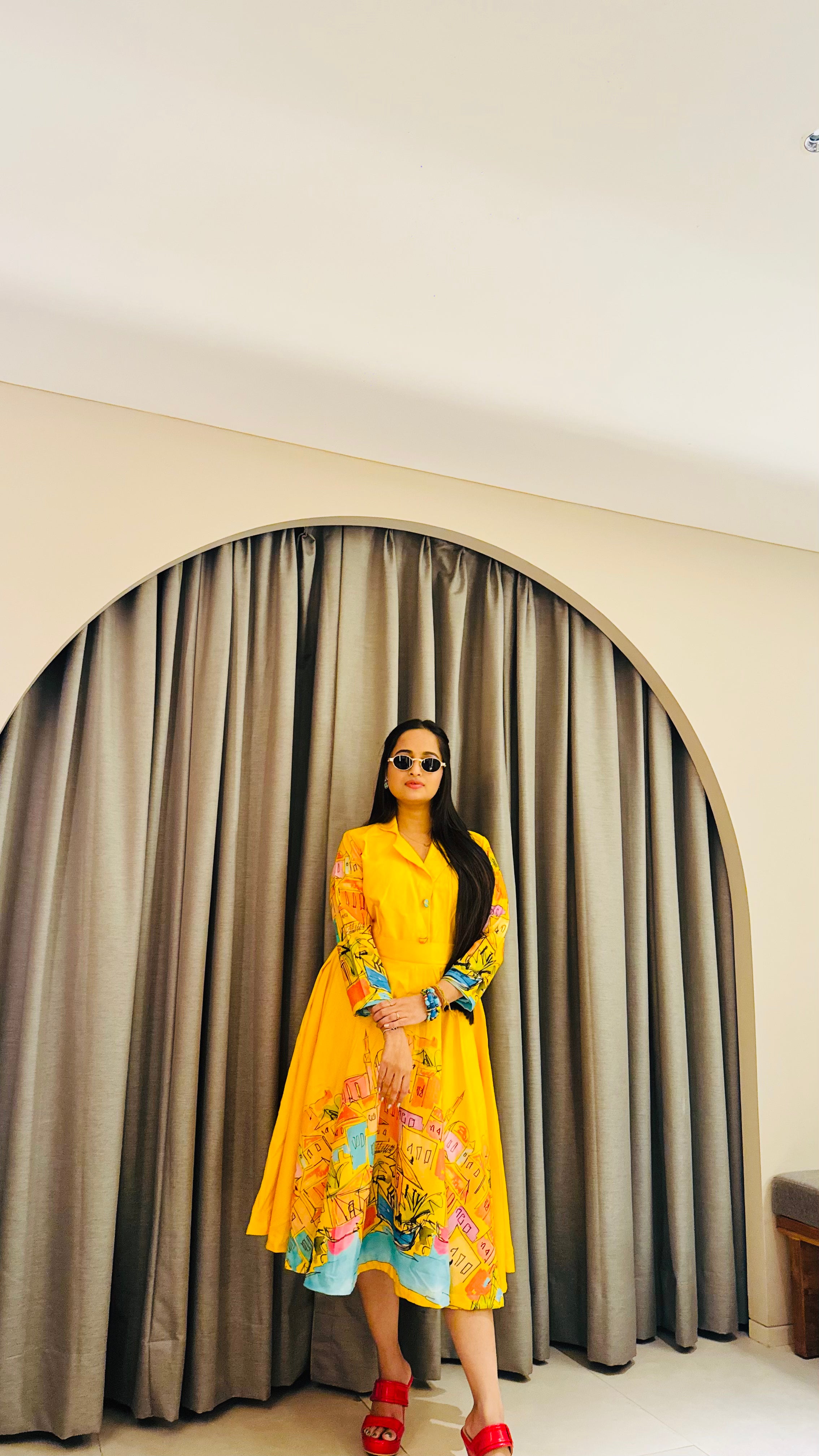 Sunshine Sketch Art Flared Midi Dress