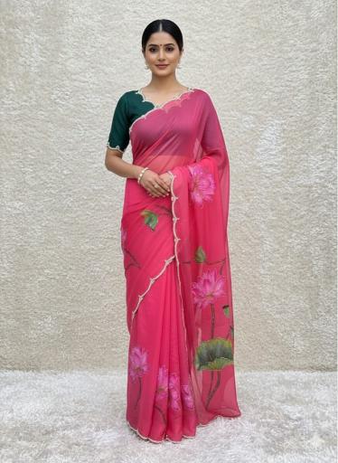 Rosé Bloom Pearl-Edged Organza Saree