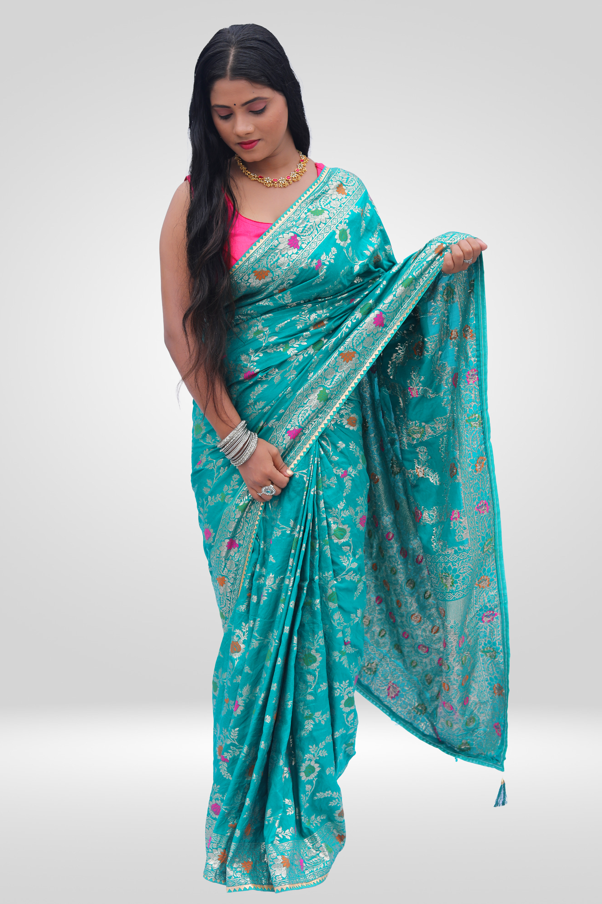 Aqua Bloom Banarasi Saree