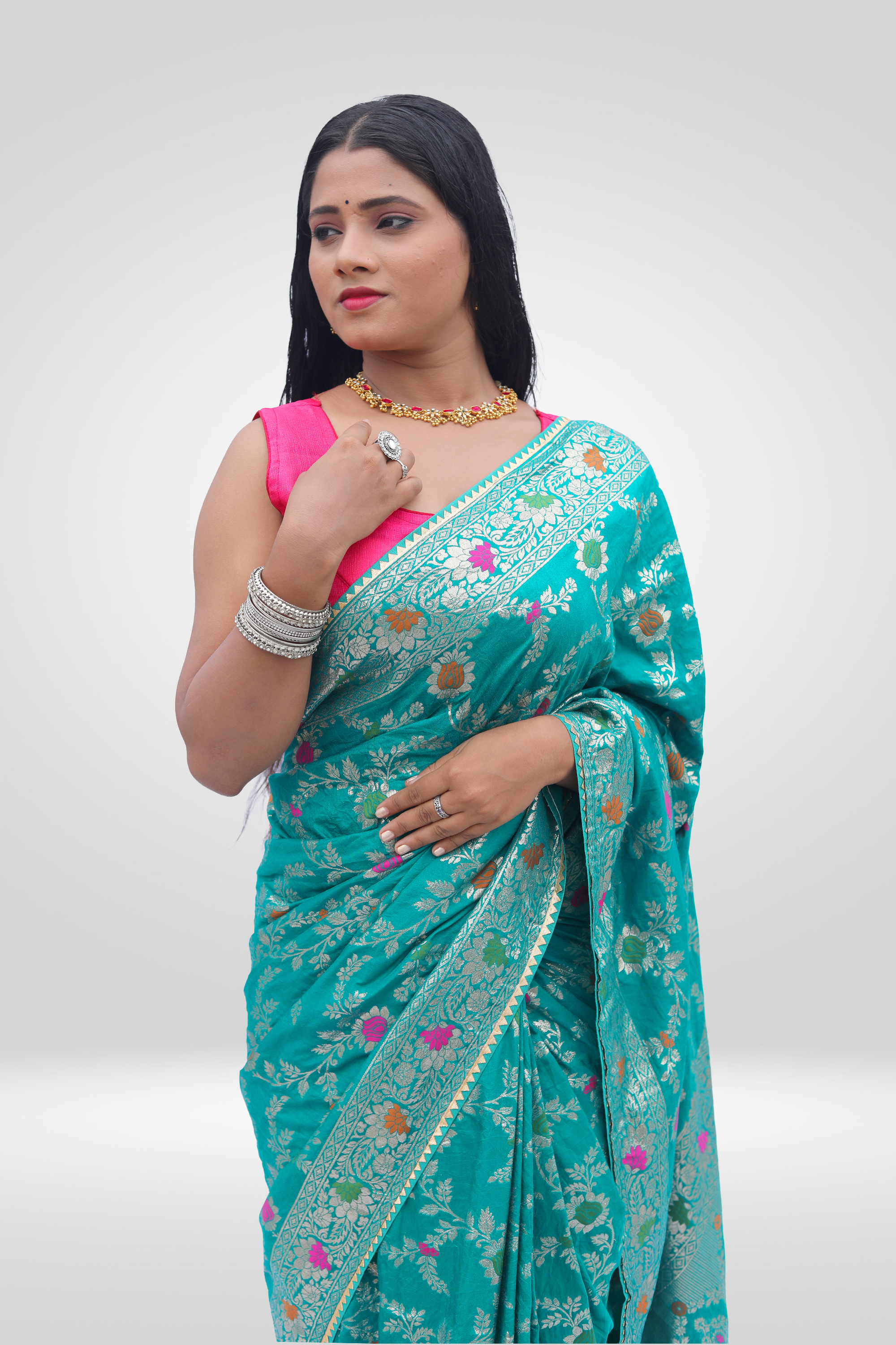 Aqua Bloom Banarasi Saree