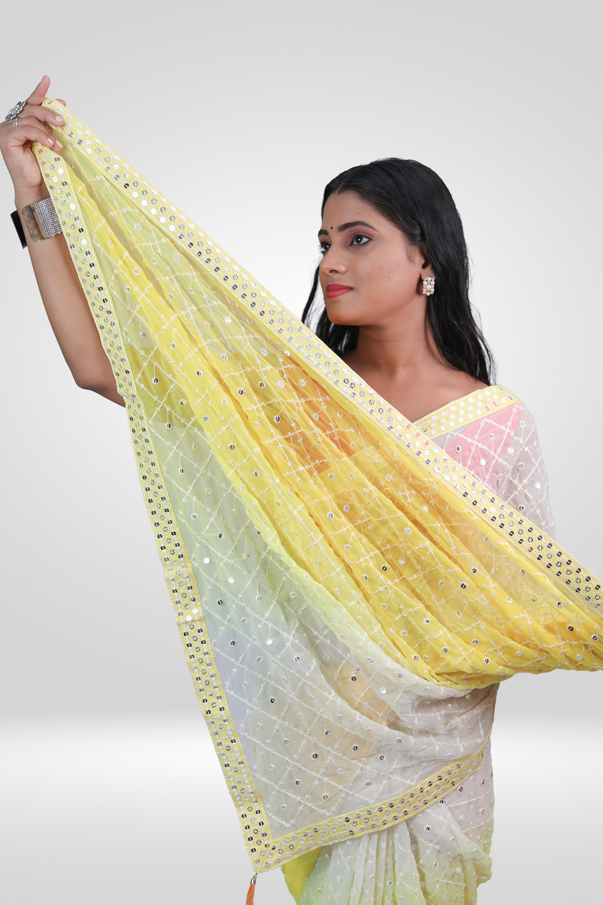 Lemon Pearl Mirrorwork Saree