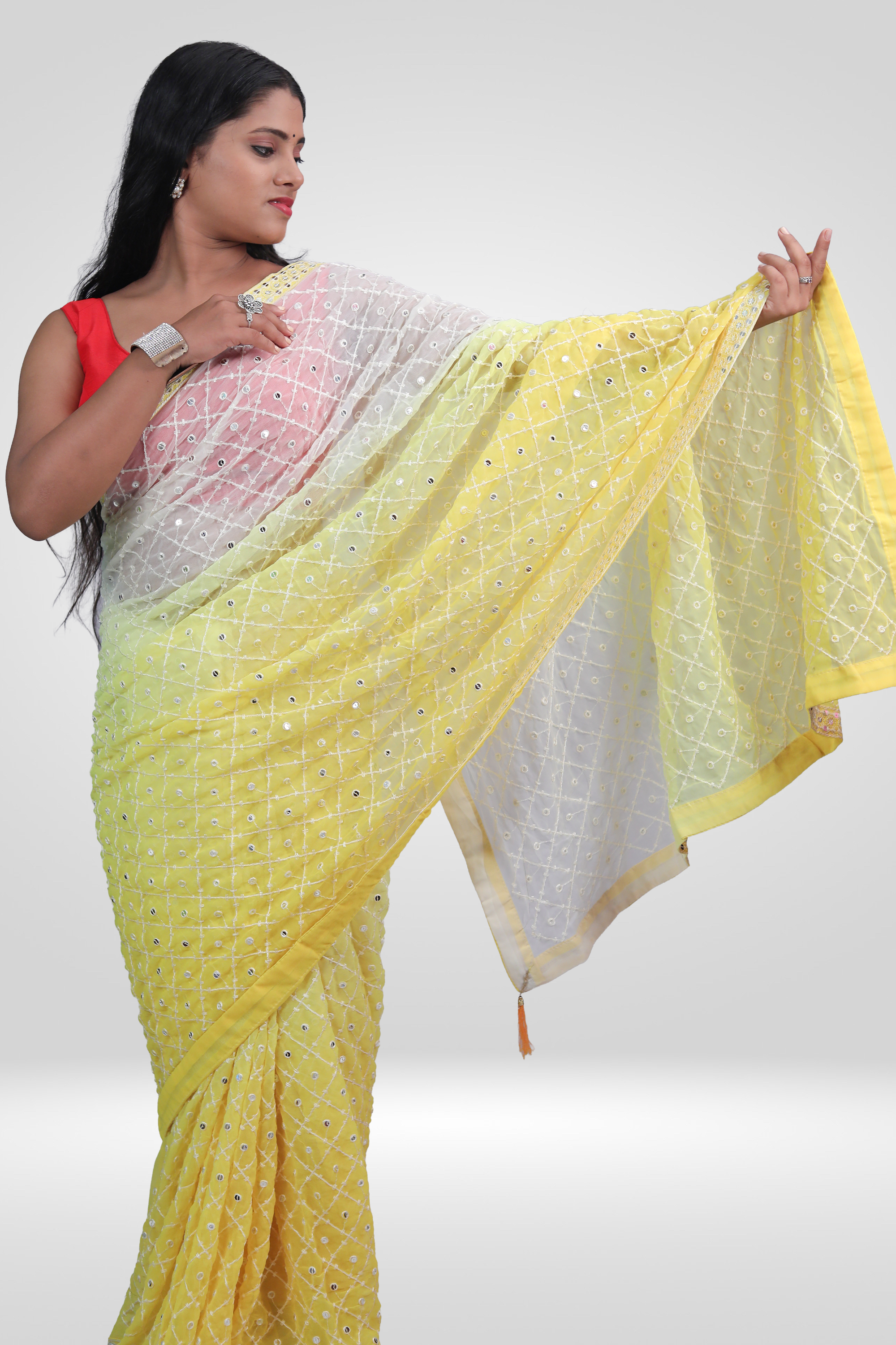 Lemon Pearl Mirrorwork Saree