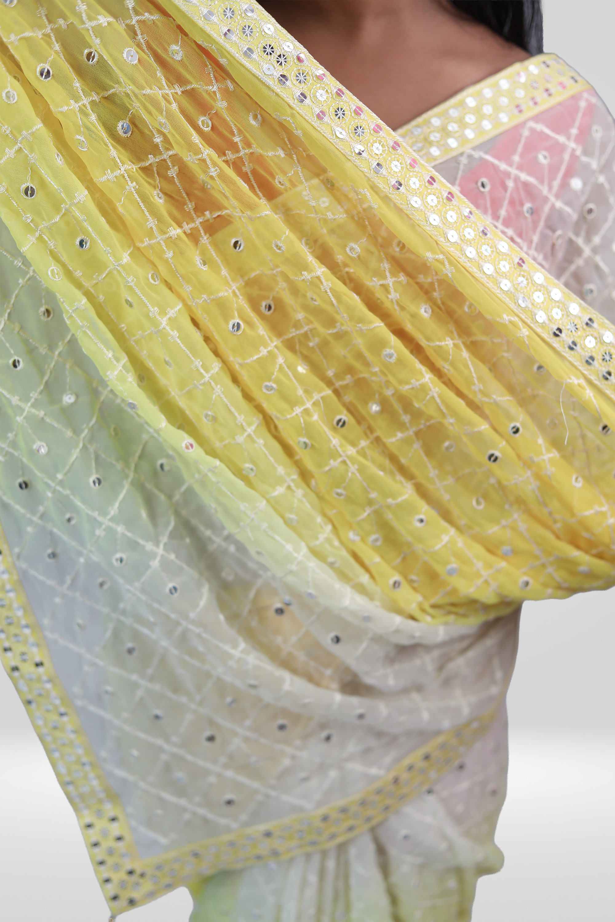 Lemon Pearl Mirrorwork Saree